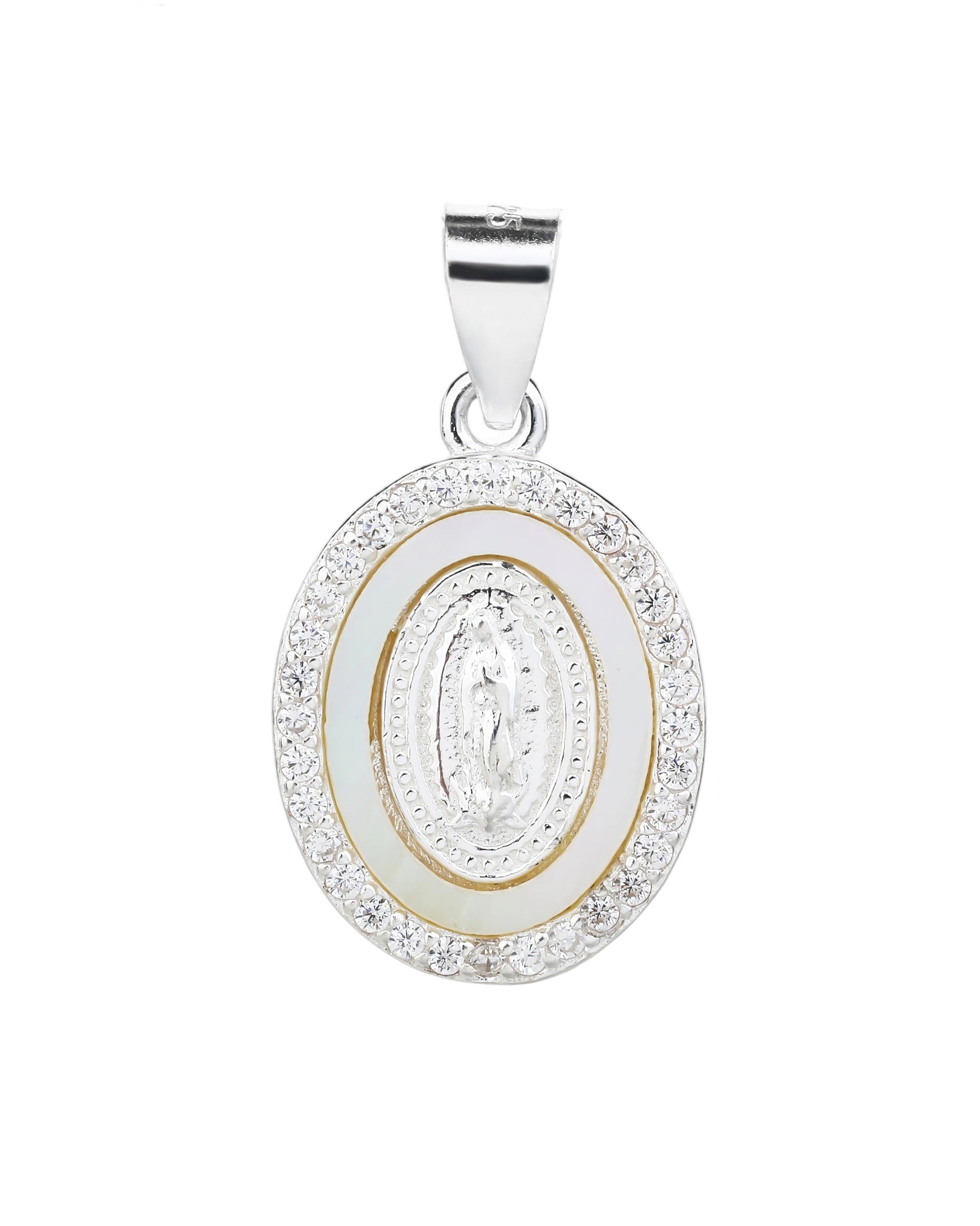 Medalla de Virgen de Guadalupe con circonia blanca en plateado