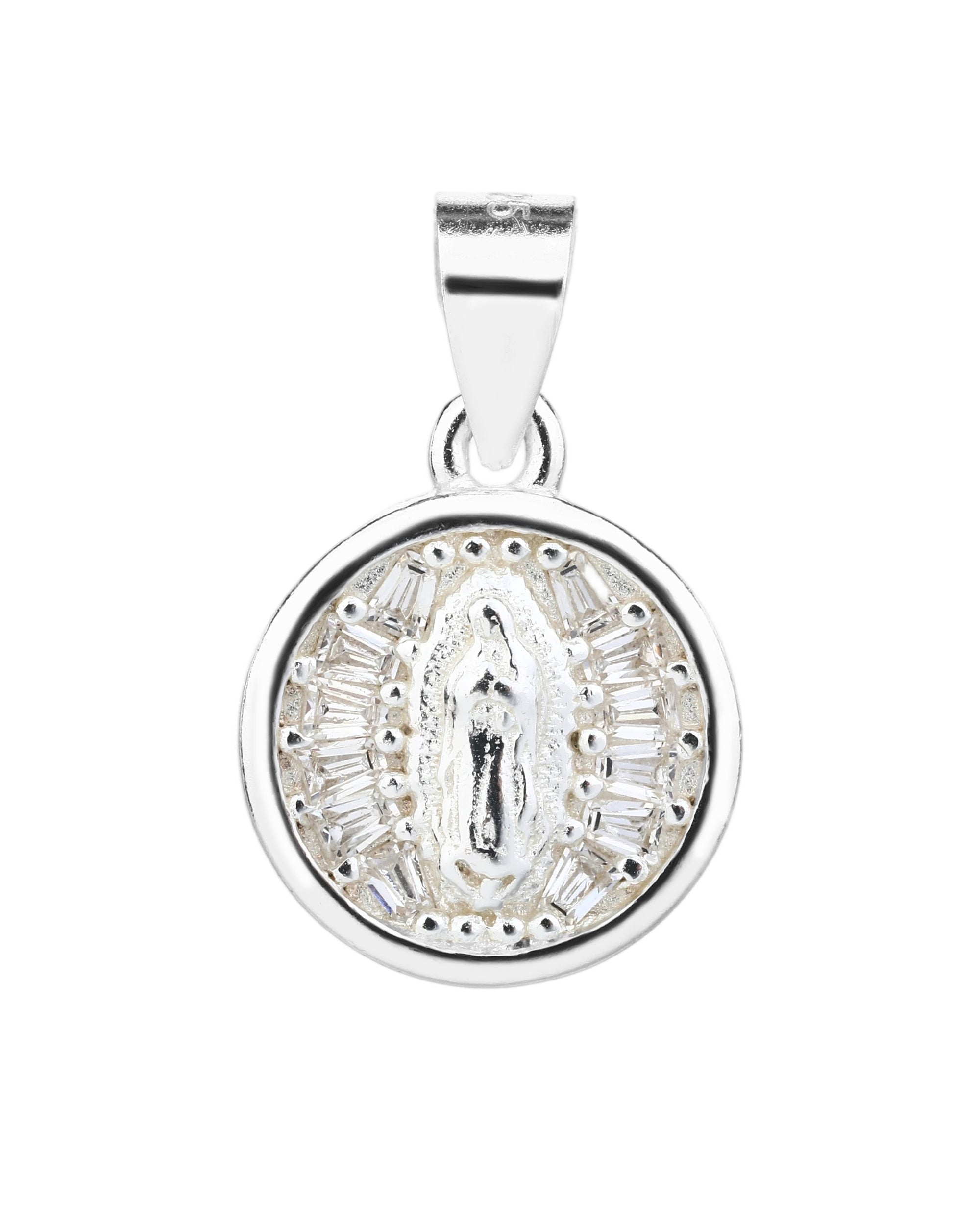 Medalla de Virgen de Guadalupe con circonia blanca en plateado