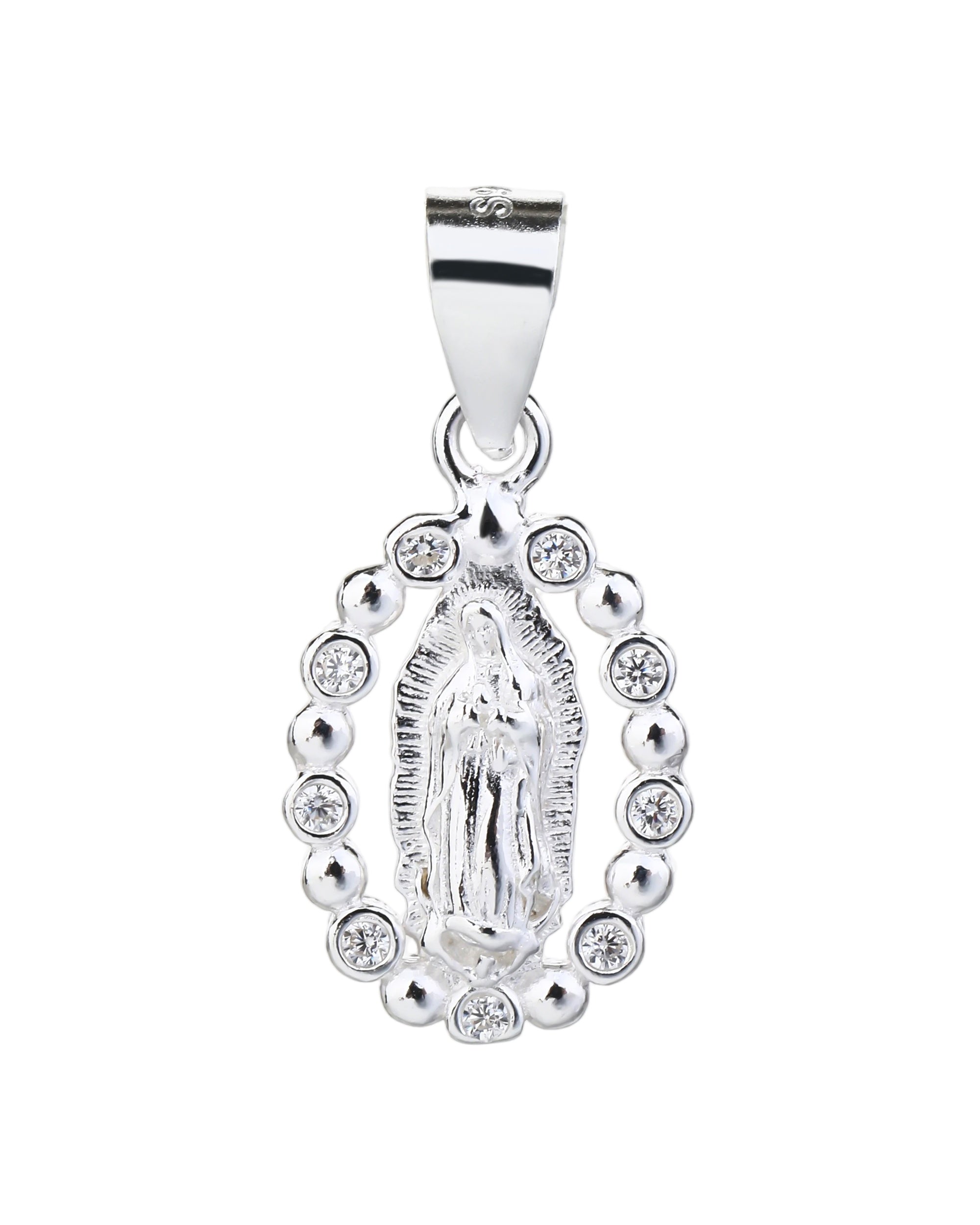 Medalla de Virgen de Guadalupe lisa con circonias blanca en plateado