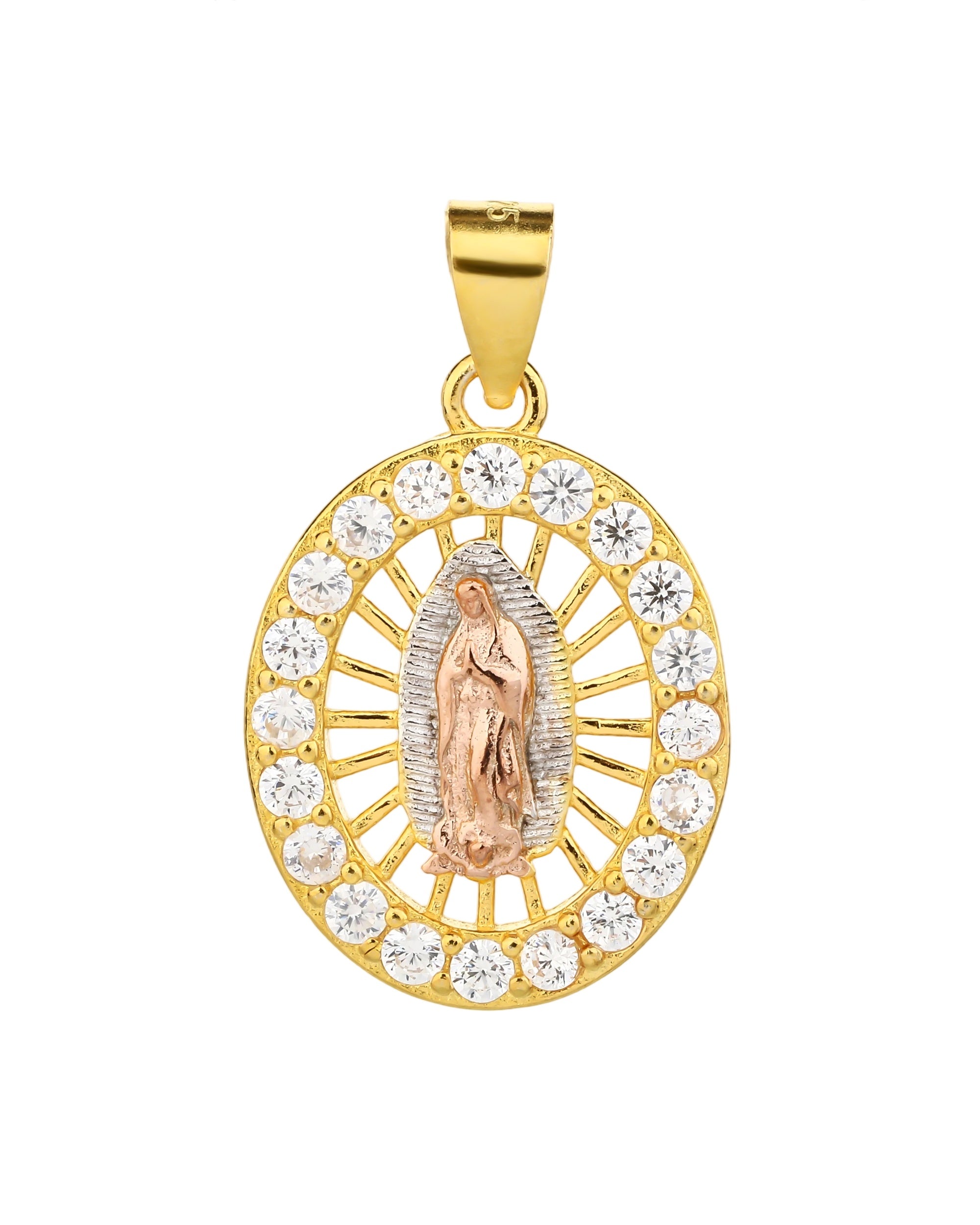 Medalla de Virgen de Guadalupe con circonia blanca en florentino