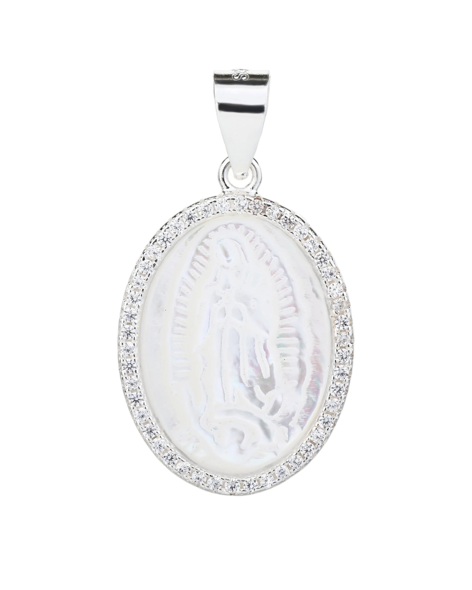 Medalla ovalada con madre perla de Virgen de Guadalupe biselado de circonias blanca en plateado