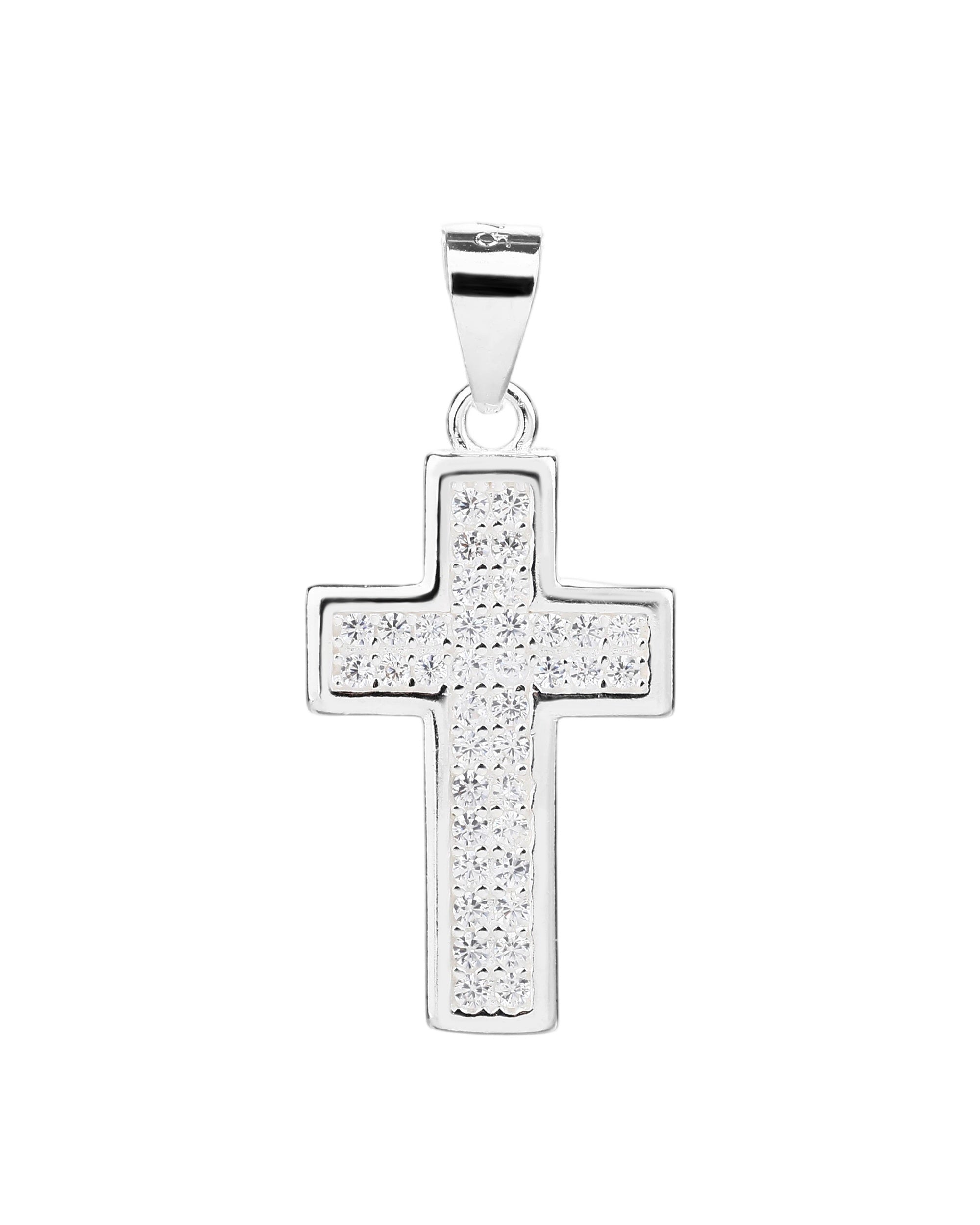 Dije de Cruz biselado liso con circonias blanca en plateado