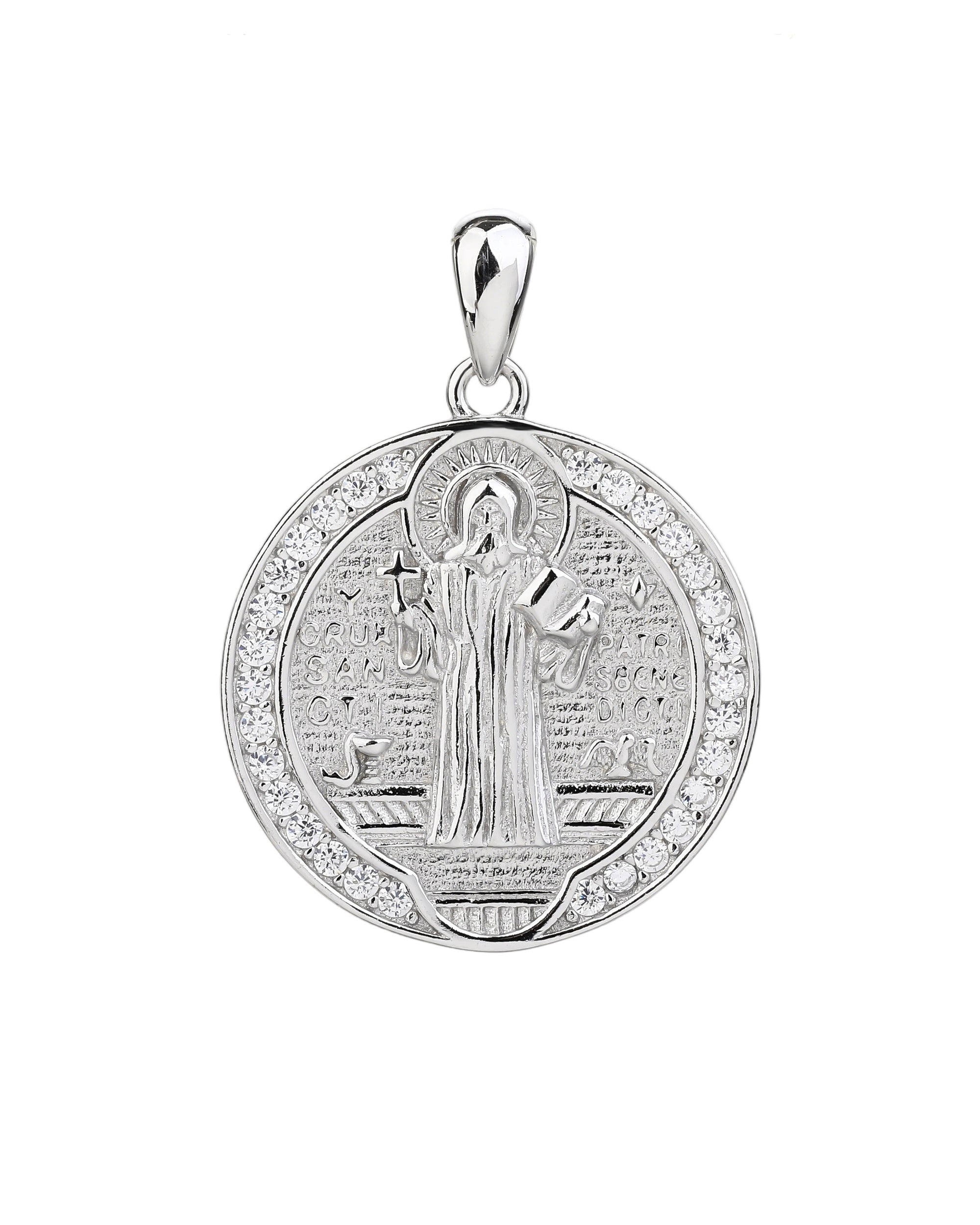 Dije de San Benito con circonias blanca en rodizado