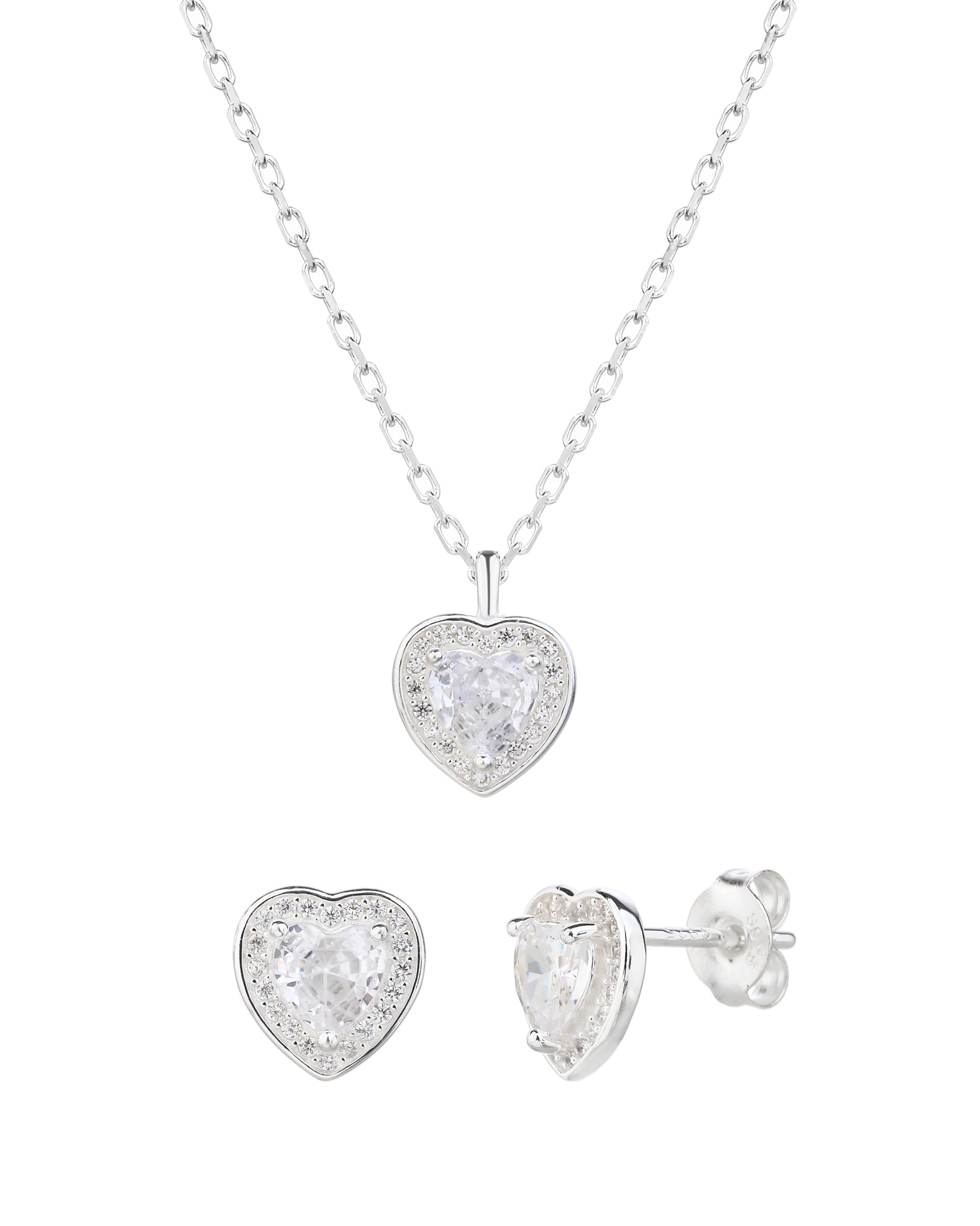 Juego collar y aretes de corazones con circonia blanca de 45+5cm en plateado