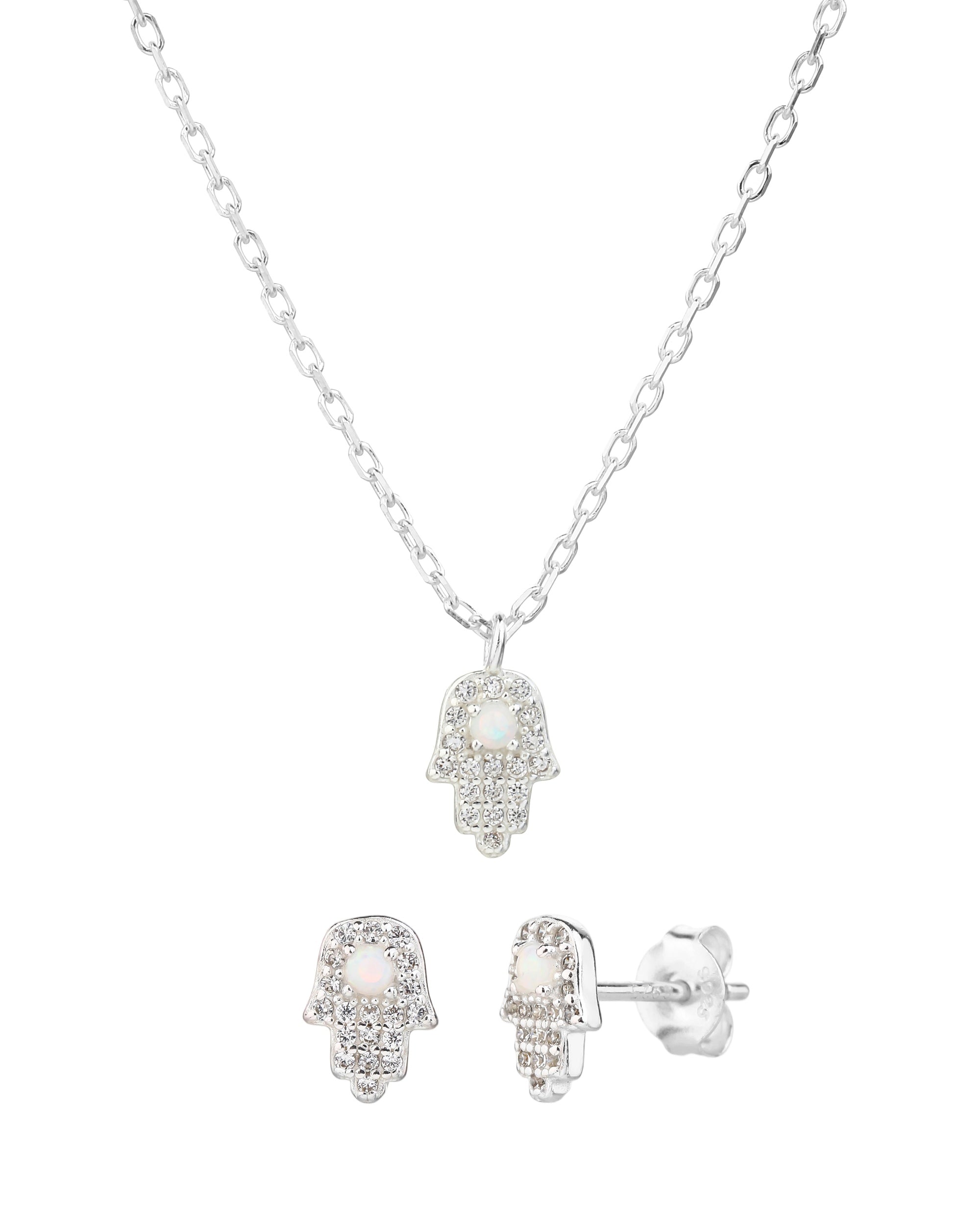 Juego collar y aretes de mano de Fatima con circonia blanca de 45+5cm en plateado