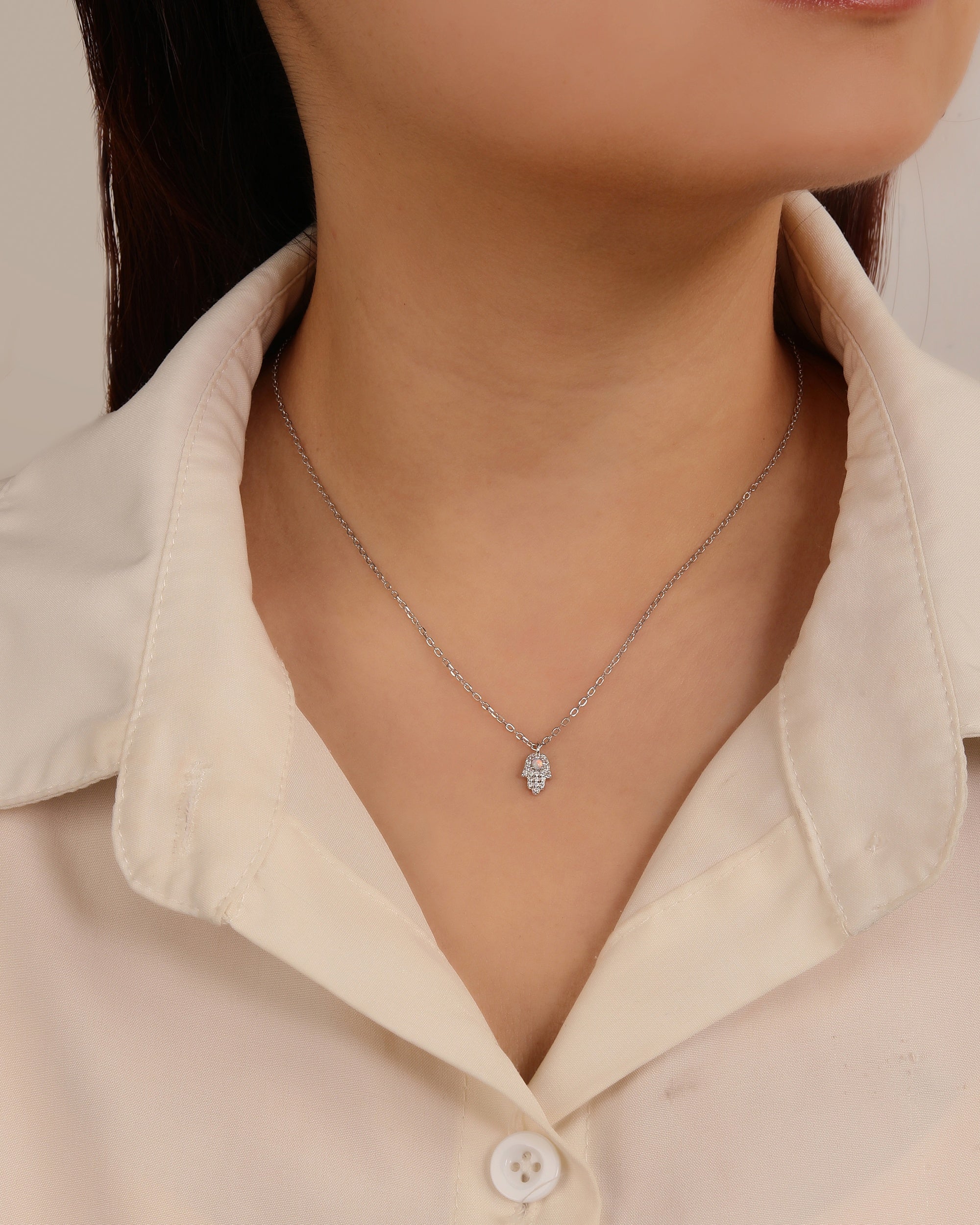 Juego collar y aretes de mano de Fatima con circonia blanca de 45+5cm en rodizado