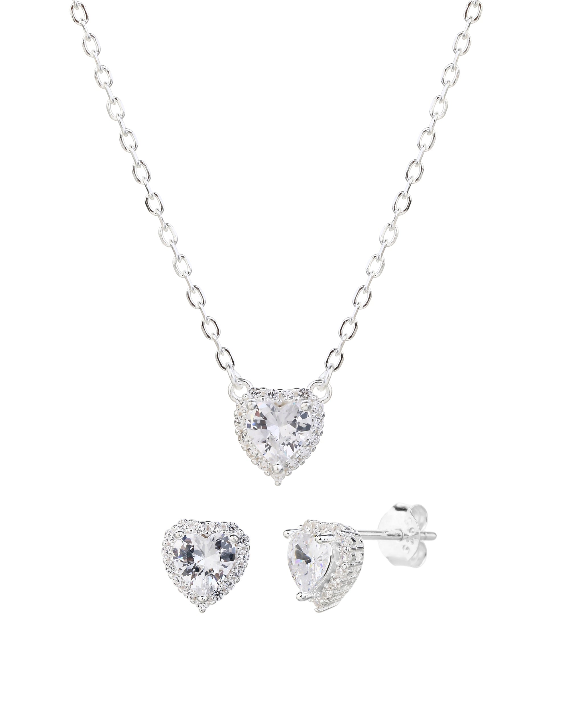 Juego collar y aretes de corazones con circonia blanca de 45+5cm en plateado