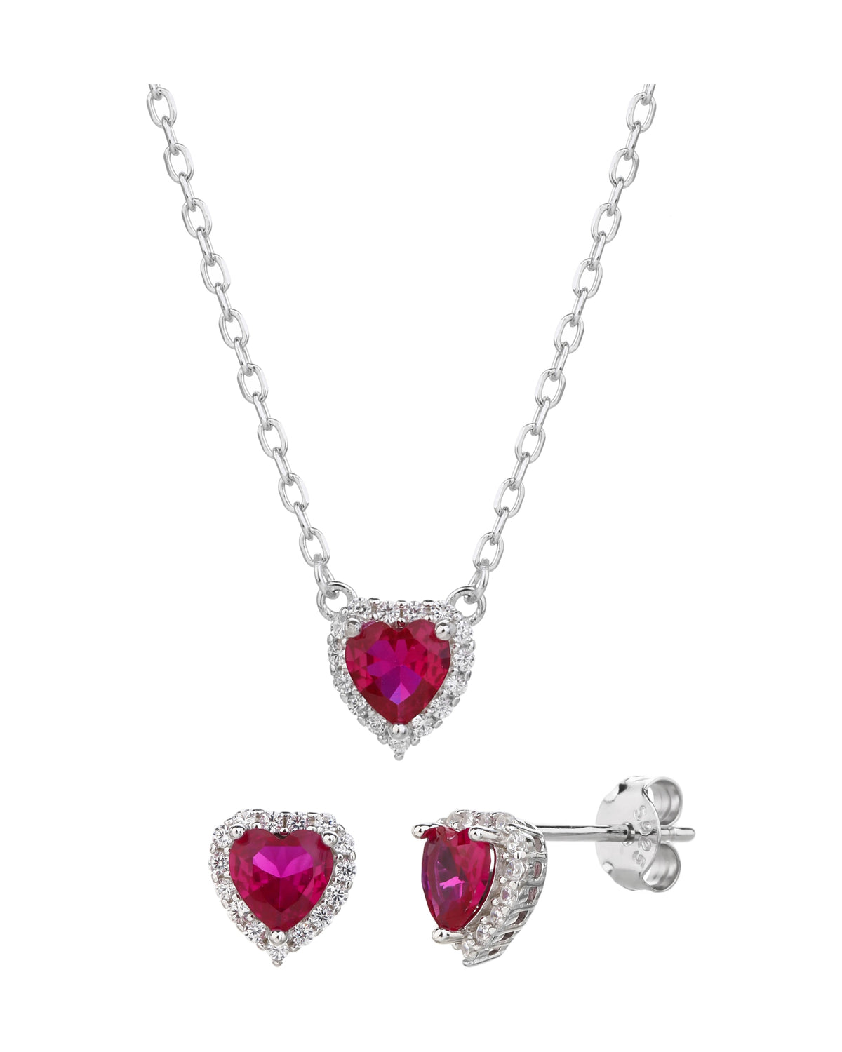 Juego collar y aretes de corazones con circonia de 45+5cm en rodizado