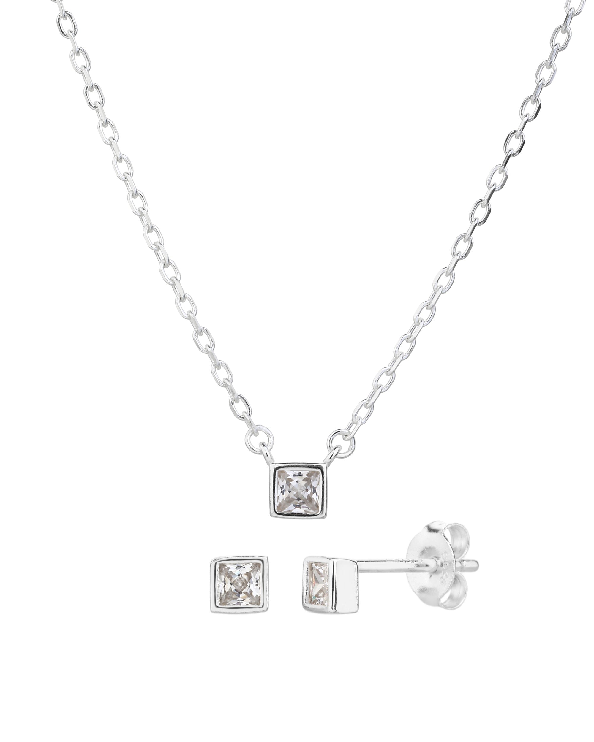 Juego collar y aretes de cuadrado con circonia blanca de 45+5cm en plateado