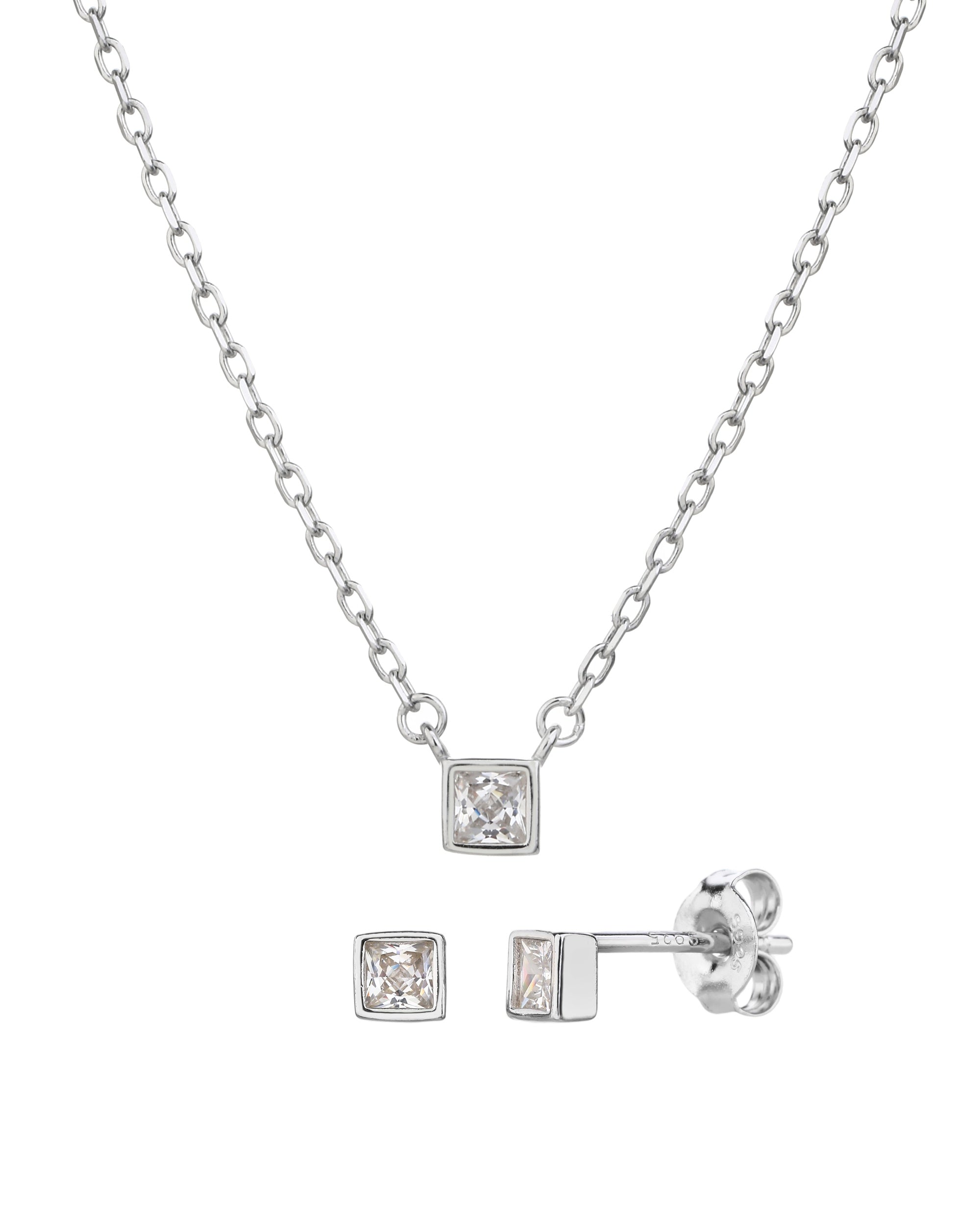 Juego collar y aretes de cuadrado con circonia blanca de 45+5cm en rodizado