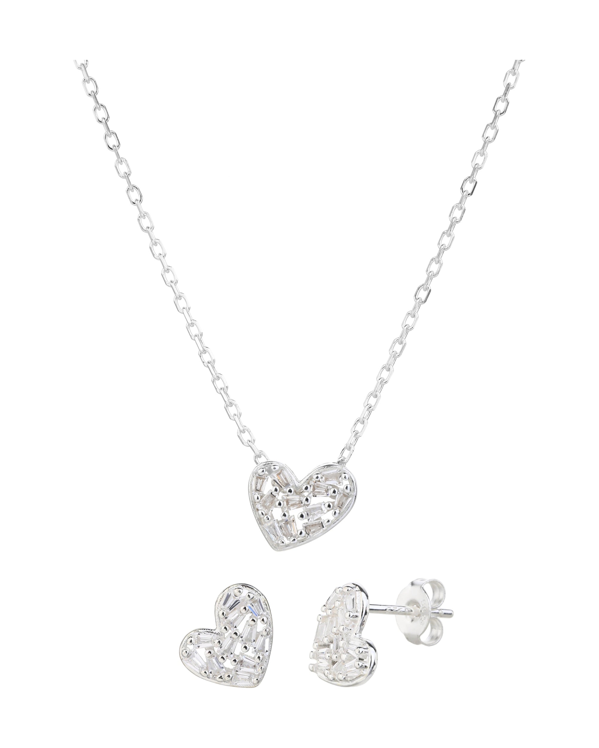 Juego sencillo de corazones asimetricos con circonia blanca 45+5cm en plateado