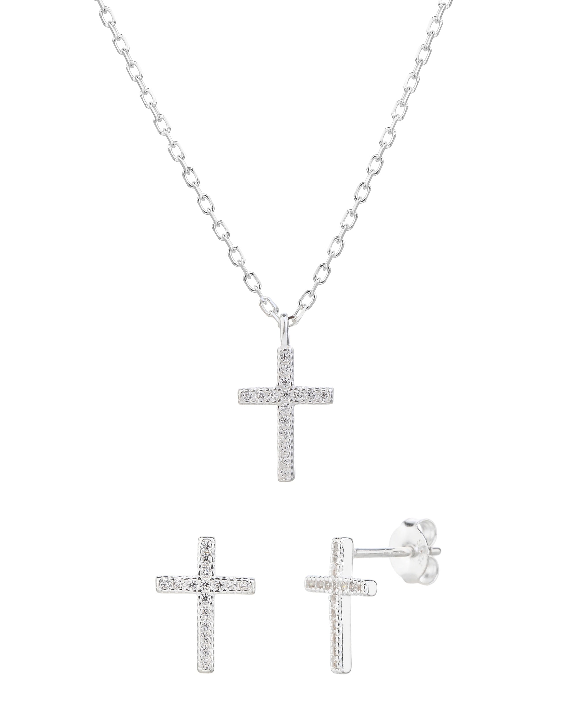 Juego collar y aretes de cruces con circonia blanca de 45+5cm en plateado
