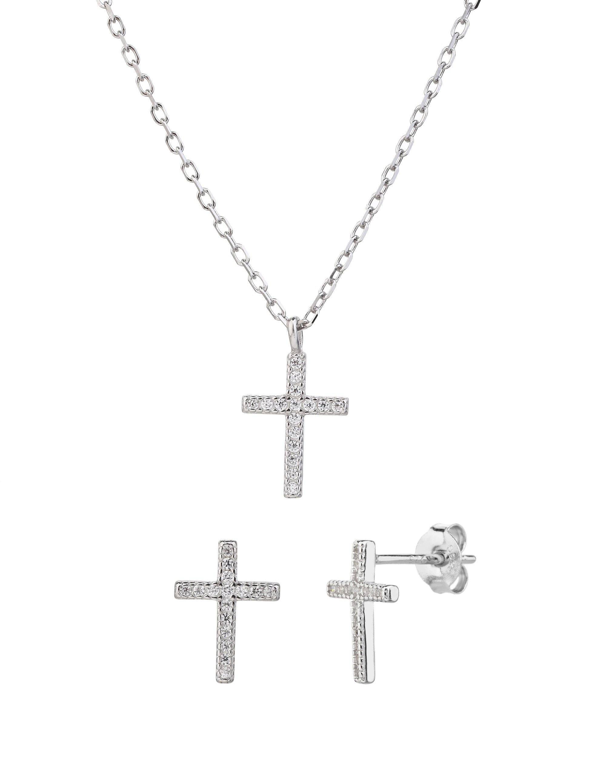 Juego collar y aretes de cruces con circonia blanca de 45+5cm en rodizado
