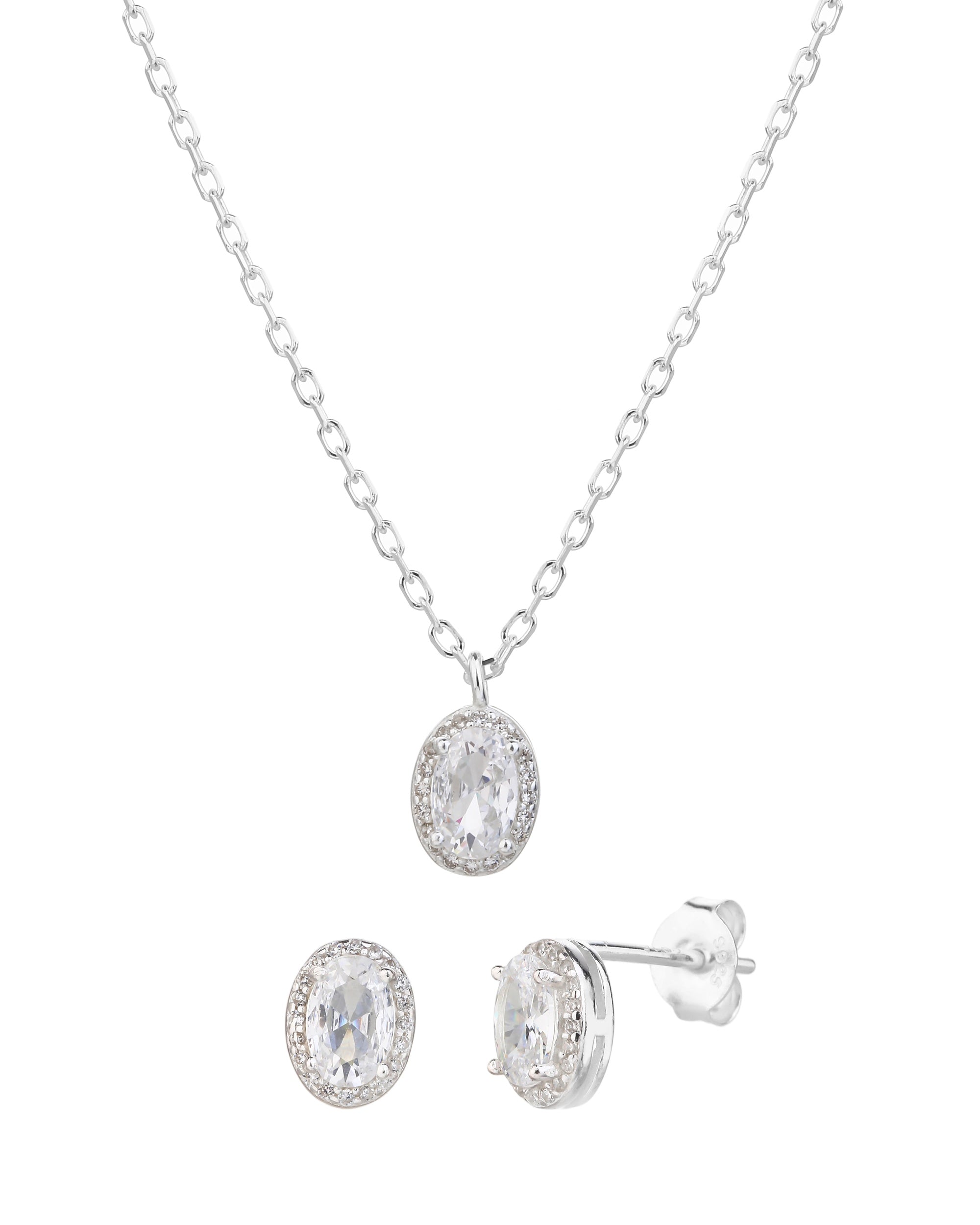 Juego collar y aretes de oval con circonia blanca de 45+5cm en plateado