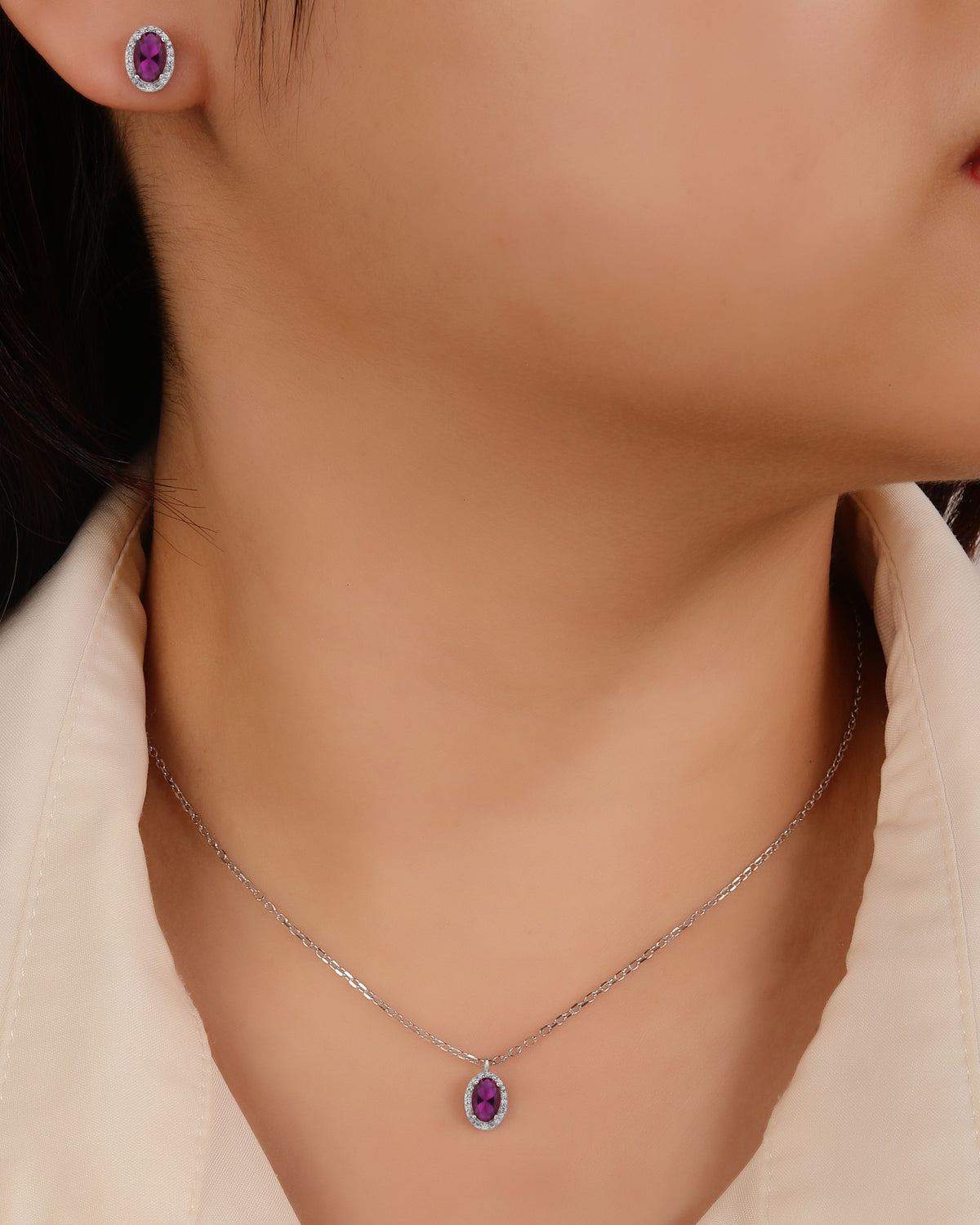 Juego collar y aretes de oval con circonia de 45+5cm en rodizado