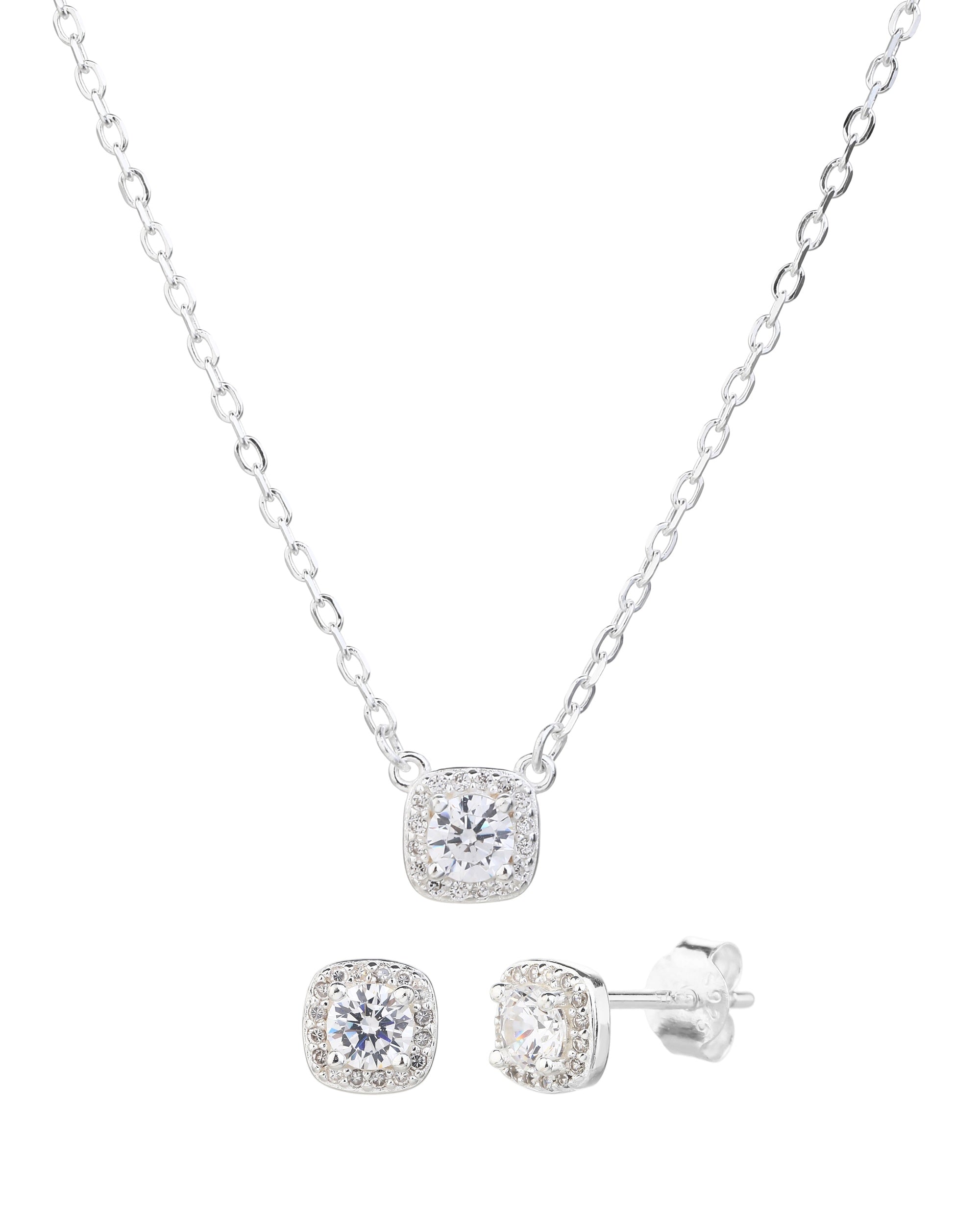 Juego collar y aretes de cuadrado con circonia blanca de 45+5cm en plateado