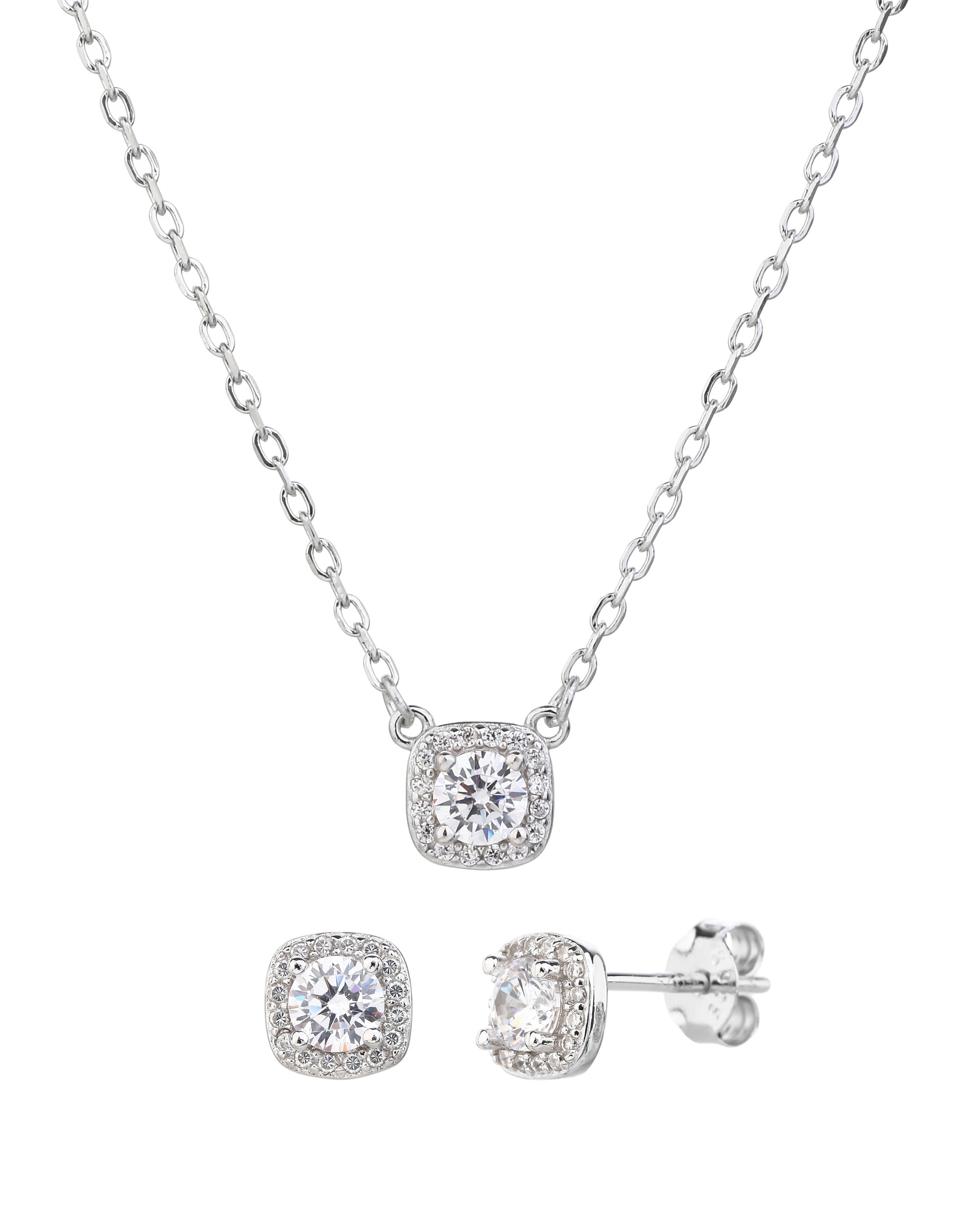 Juego collar y aretes de cuadrado con circonia blanca de 45+5cm en rodizado