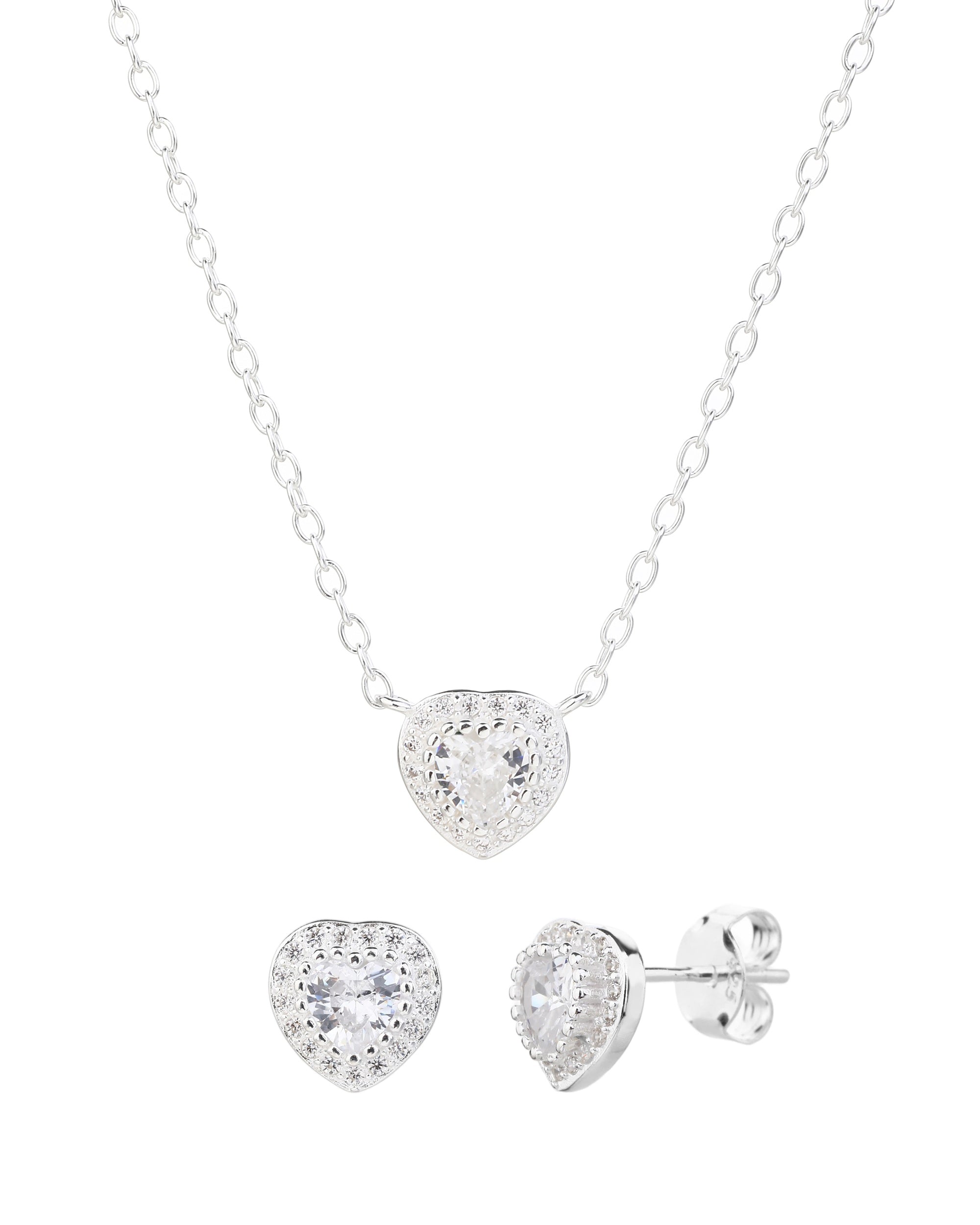 Juego collar y aretes de corazones con circonia de 45+5cm en plateado