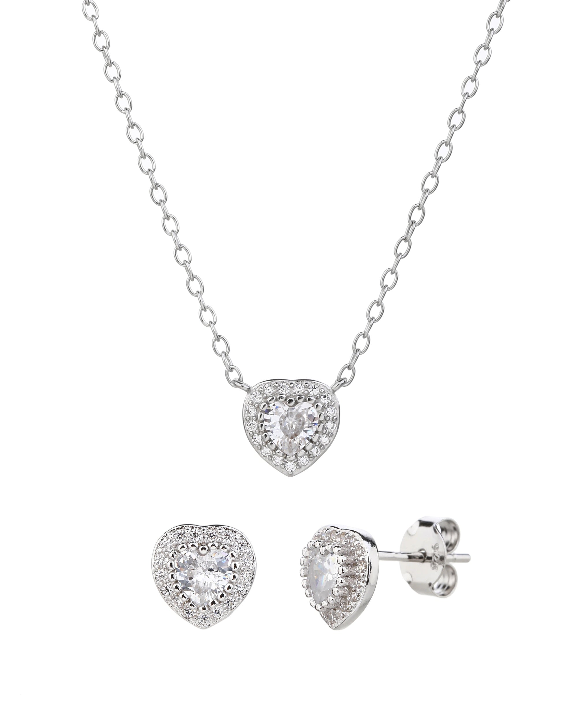 Juego collar y aretes de corazones con circonia de 45+5cm en rodizado