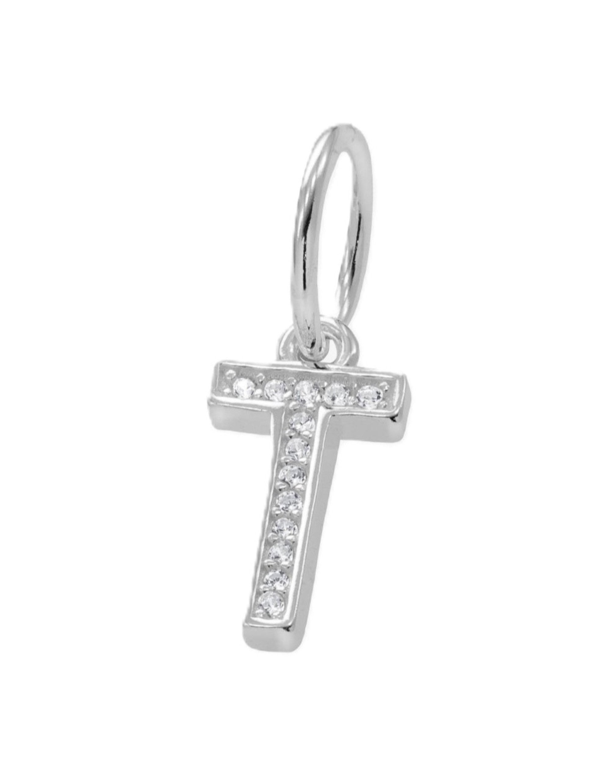 Dije colgante de letra con circonia blanca en plateado