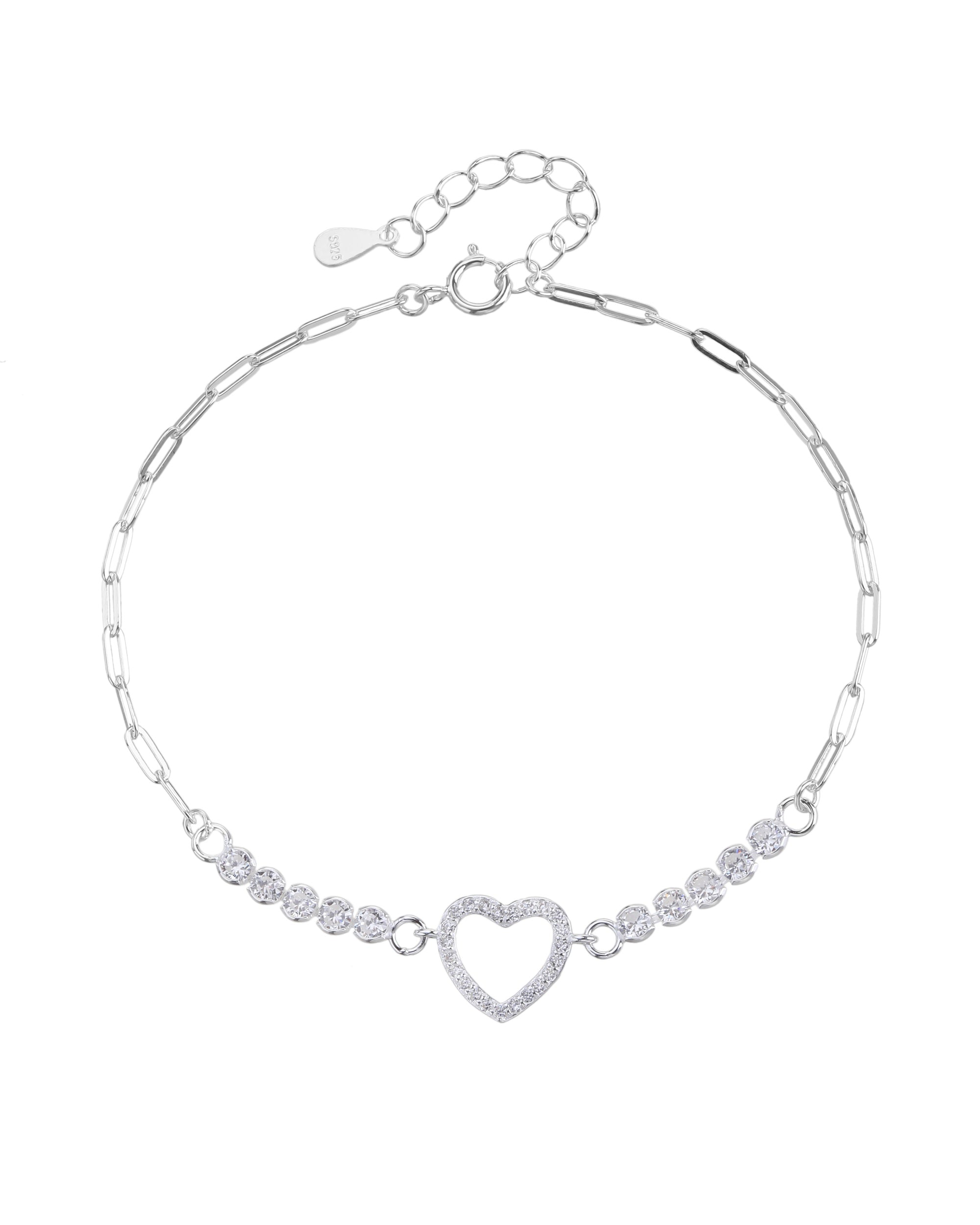 Pulsera sencilla de corazon con circonia blanca 17+3cm en plateado