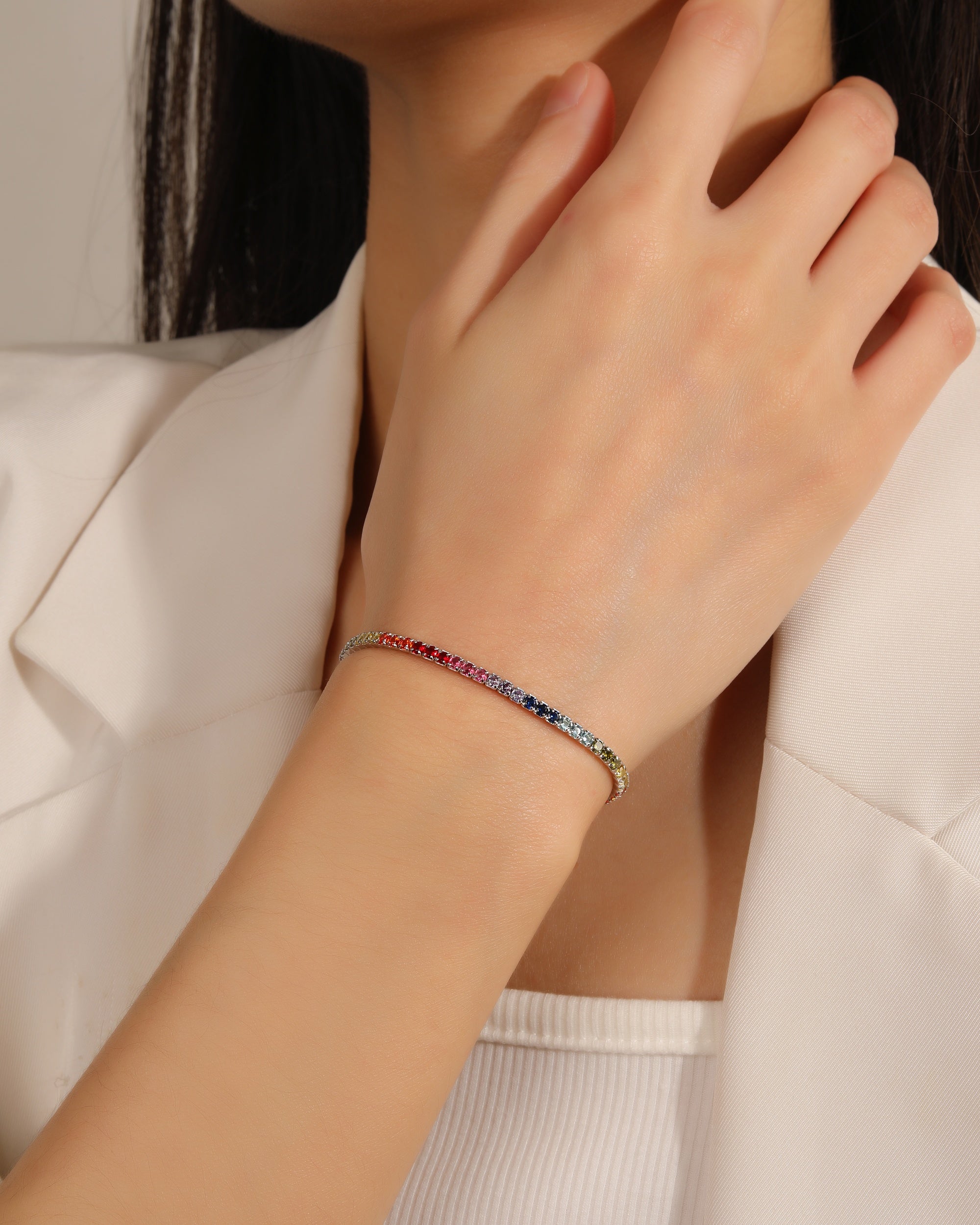 Pulsera tenis elastica con circonia redonda multicolor 17cm en rodizado