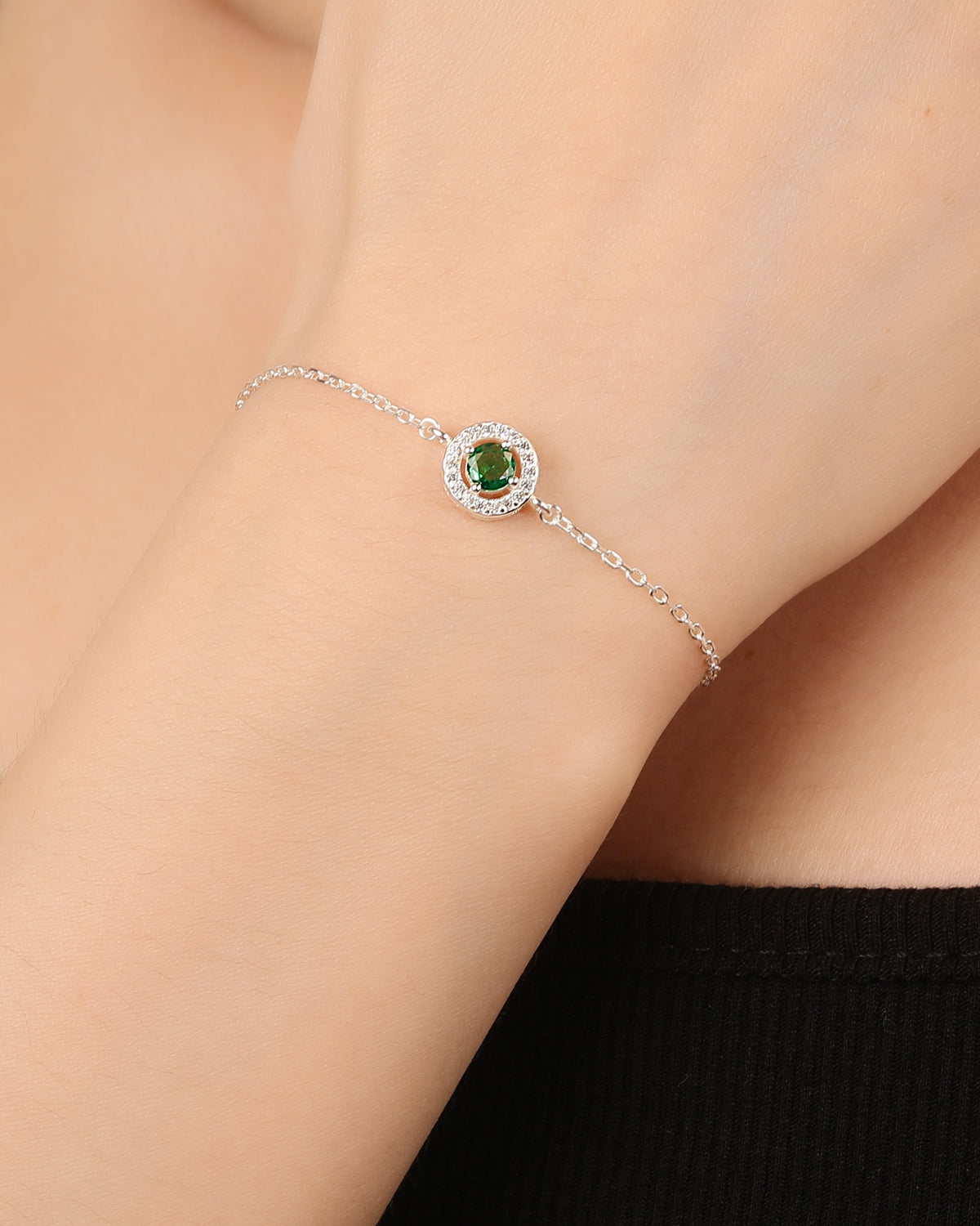 Pulsera sencilla de círculo halo y circonia redonda 17+3cm en plateado