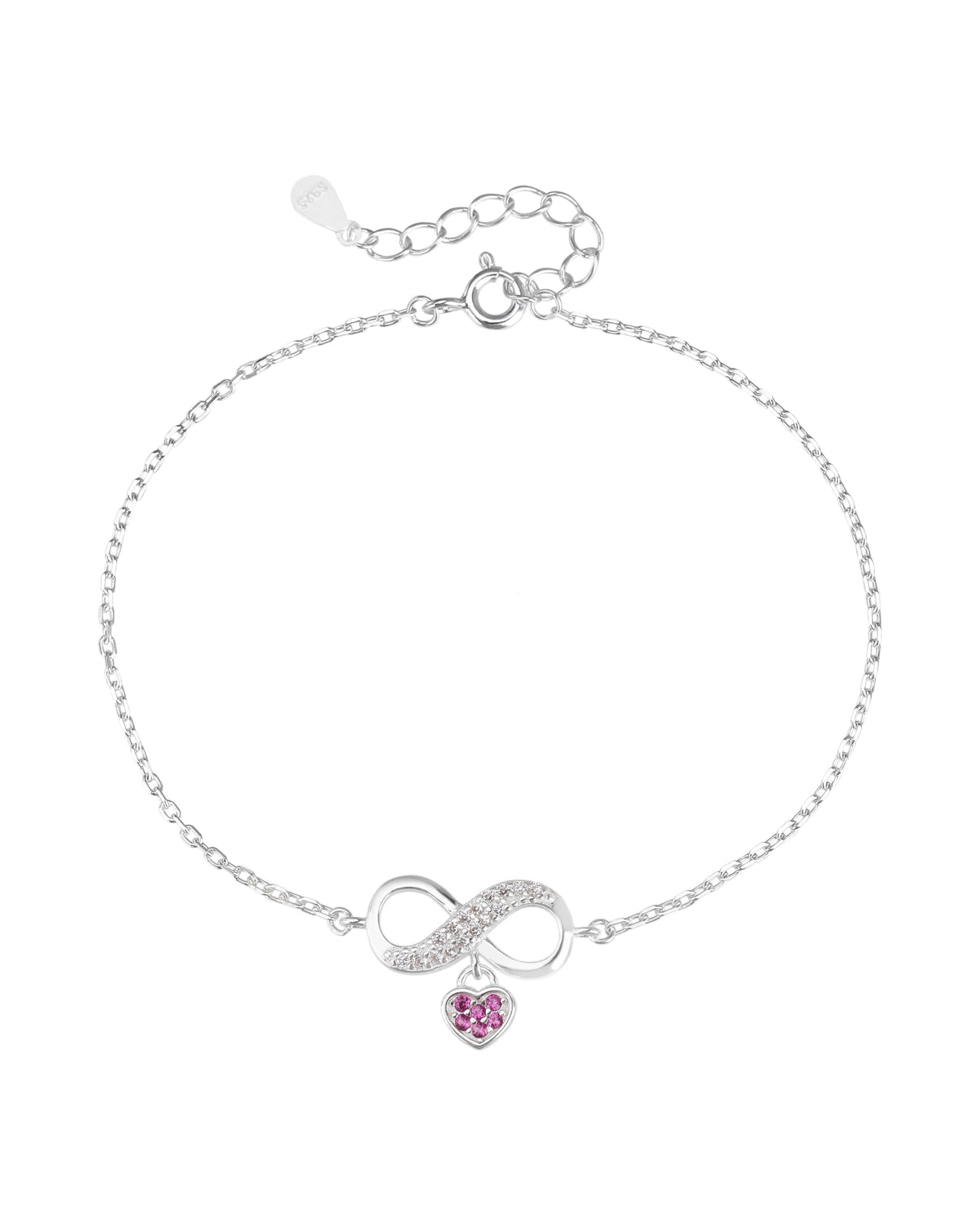 Pulsera de corazón/infinito con circonia 17+3cm en plateado
