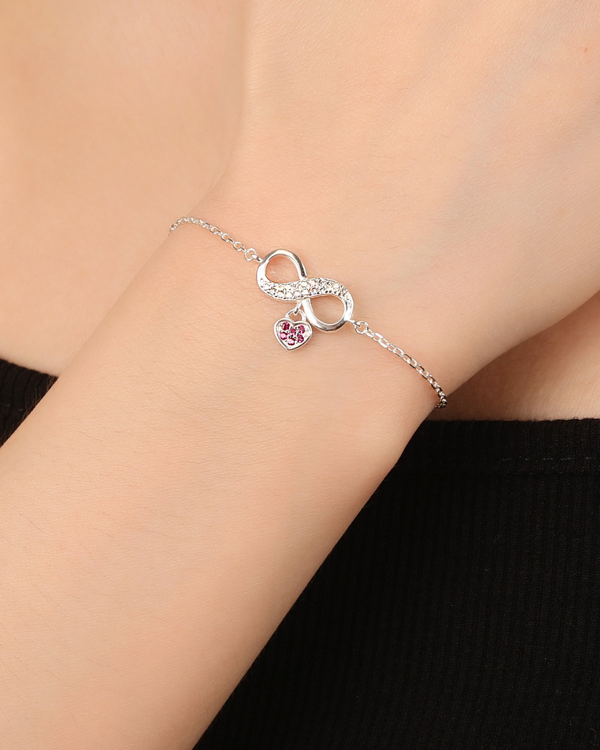 Pulsera de corazón/infinito con circonia 17+3cm en plateado