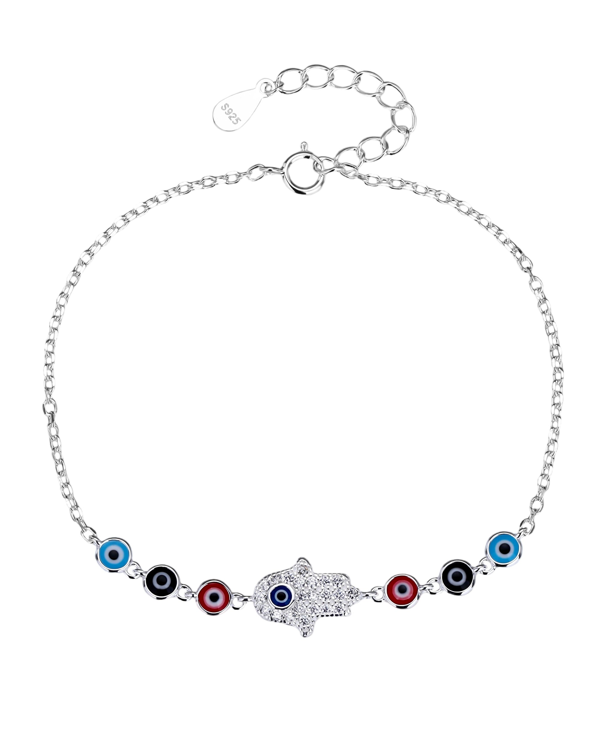Pulsera de ojitos y mano de fatima con esmalte multicolor 17+3cm en plateado