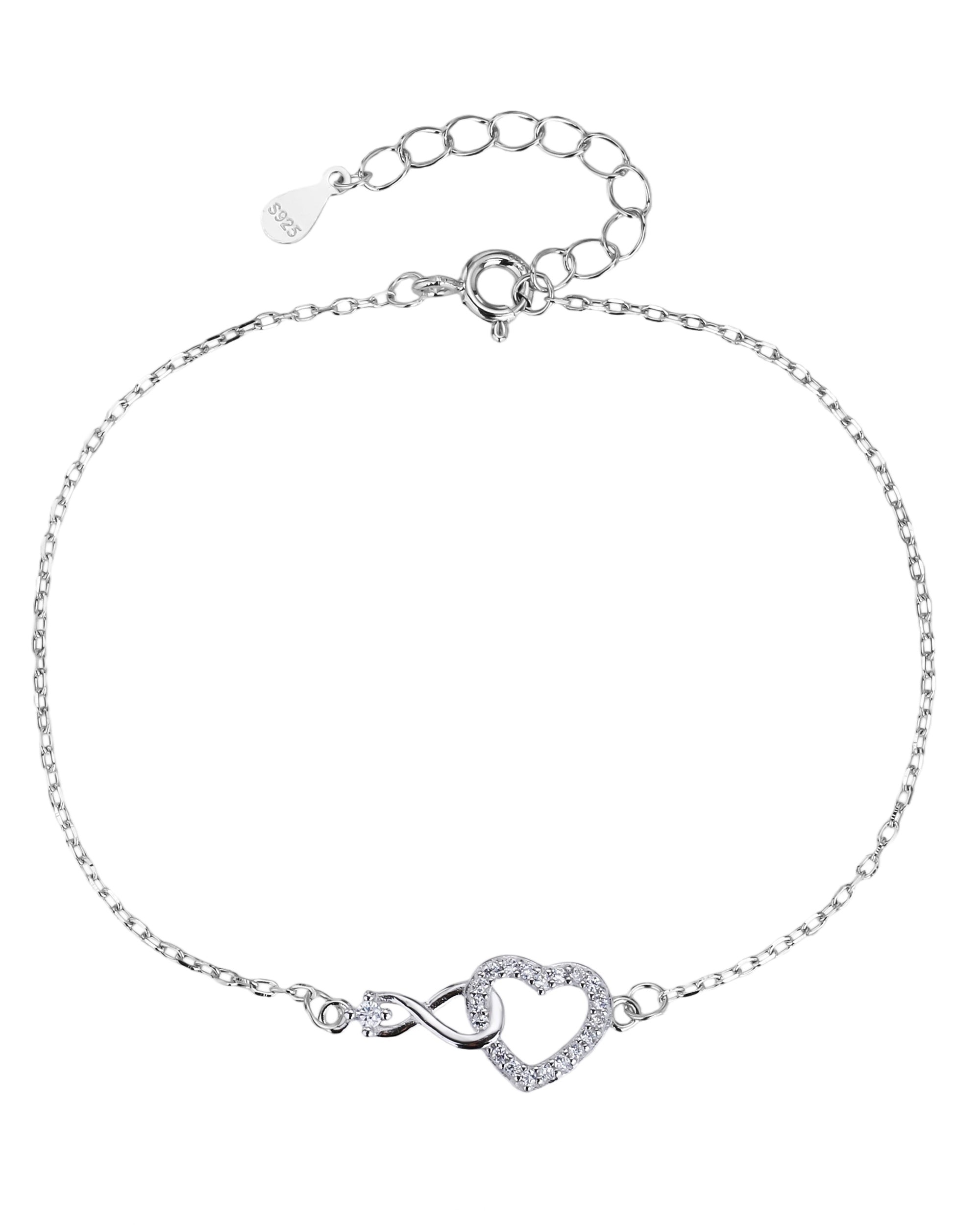 Pulsera sencilla de corazon e infinito con circonia blanca 17+3cm en rodizado