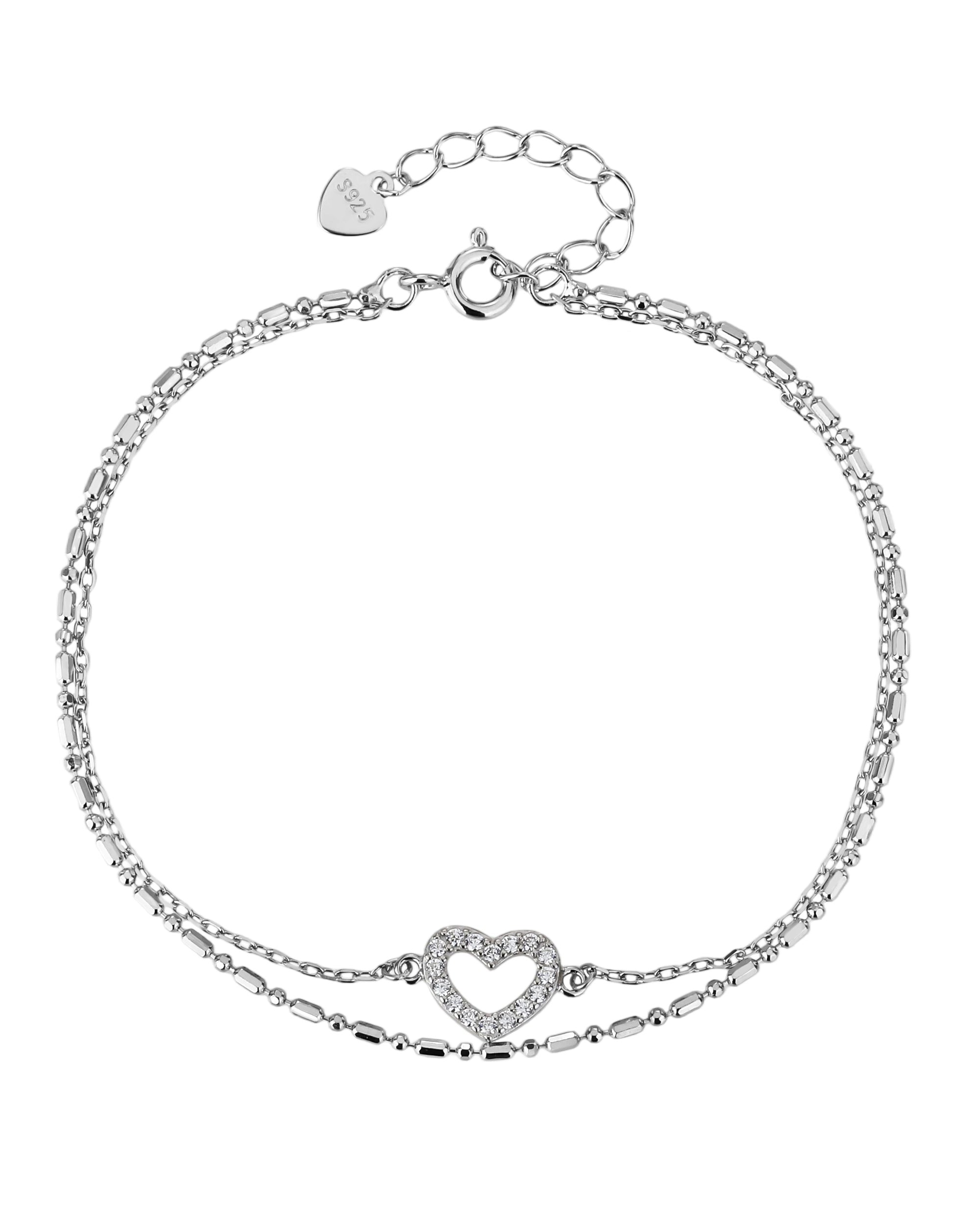 Pulsera doble de corazon con circonia blanca 17+3cm en rodizado