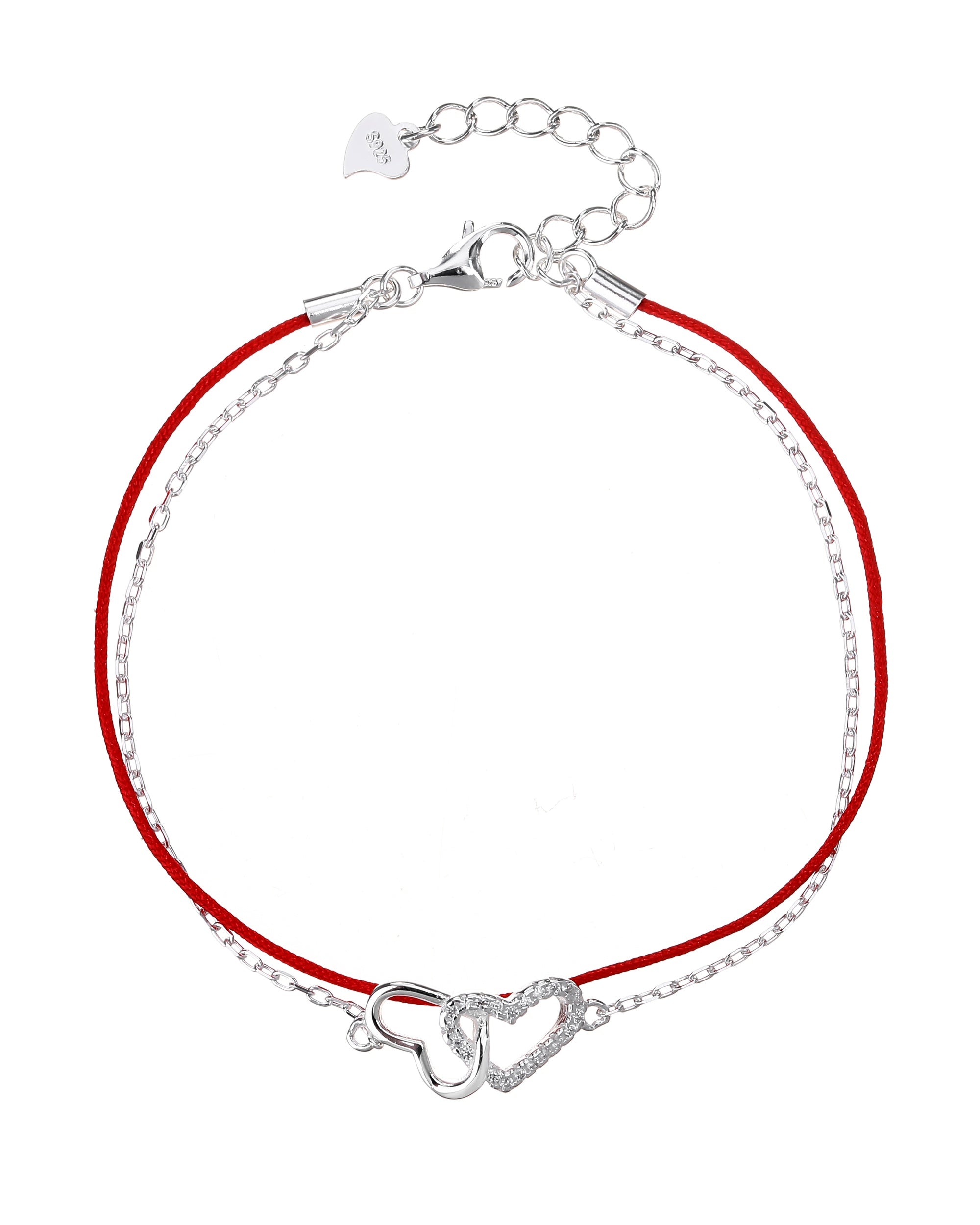Pulsera doble sencilla y de hilo rojo con corazones 17+3cm en plateado