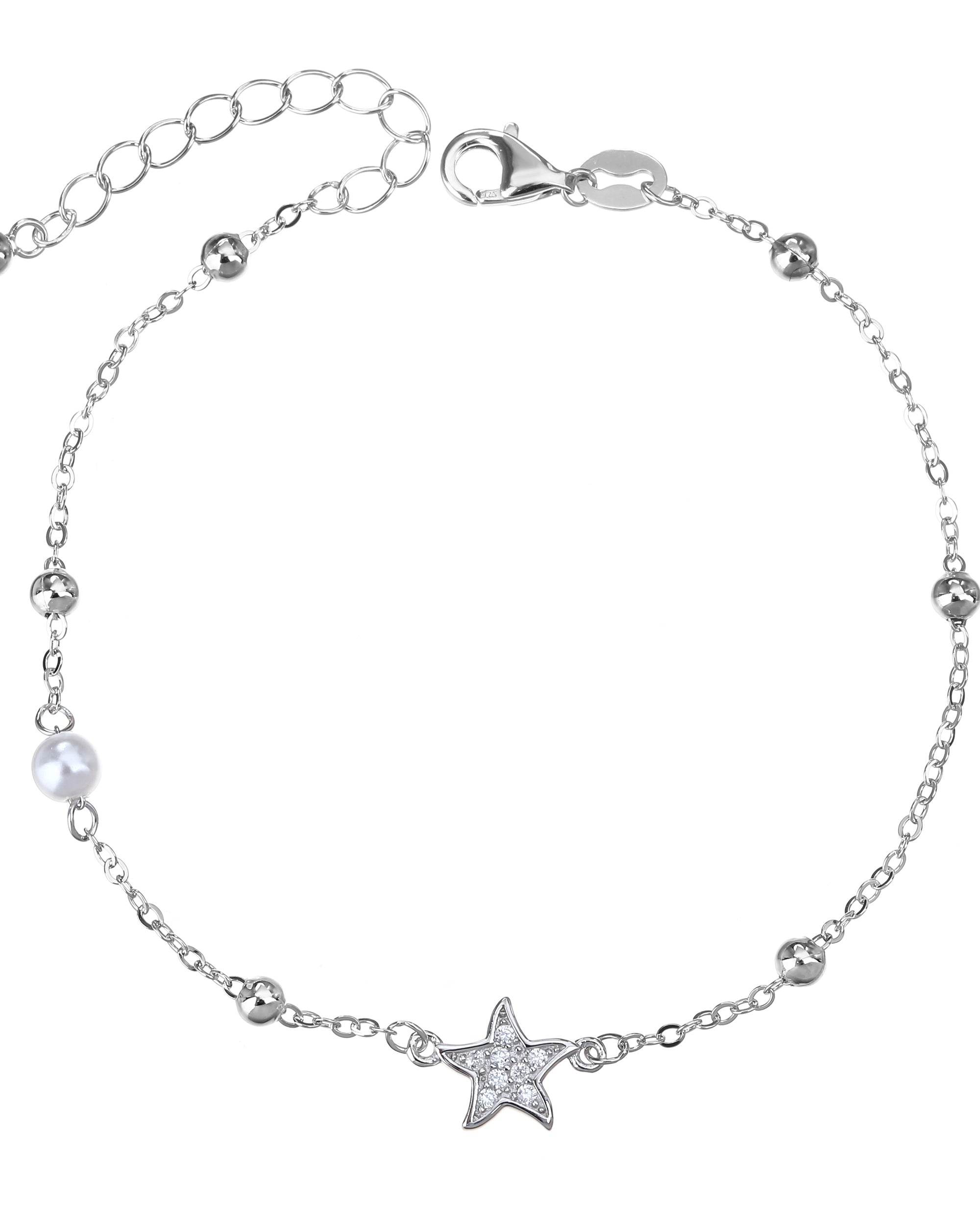 Pulsera sencilla de estrella con perla y circonia blanca 17+3cm en rodizado