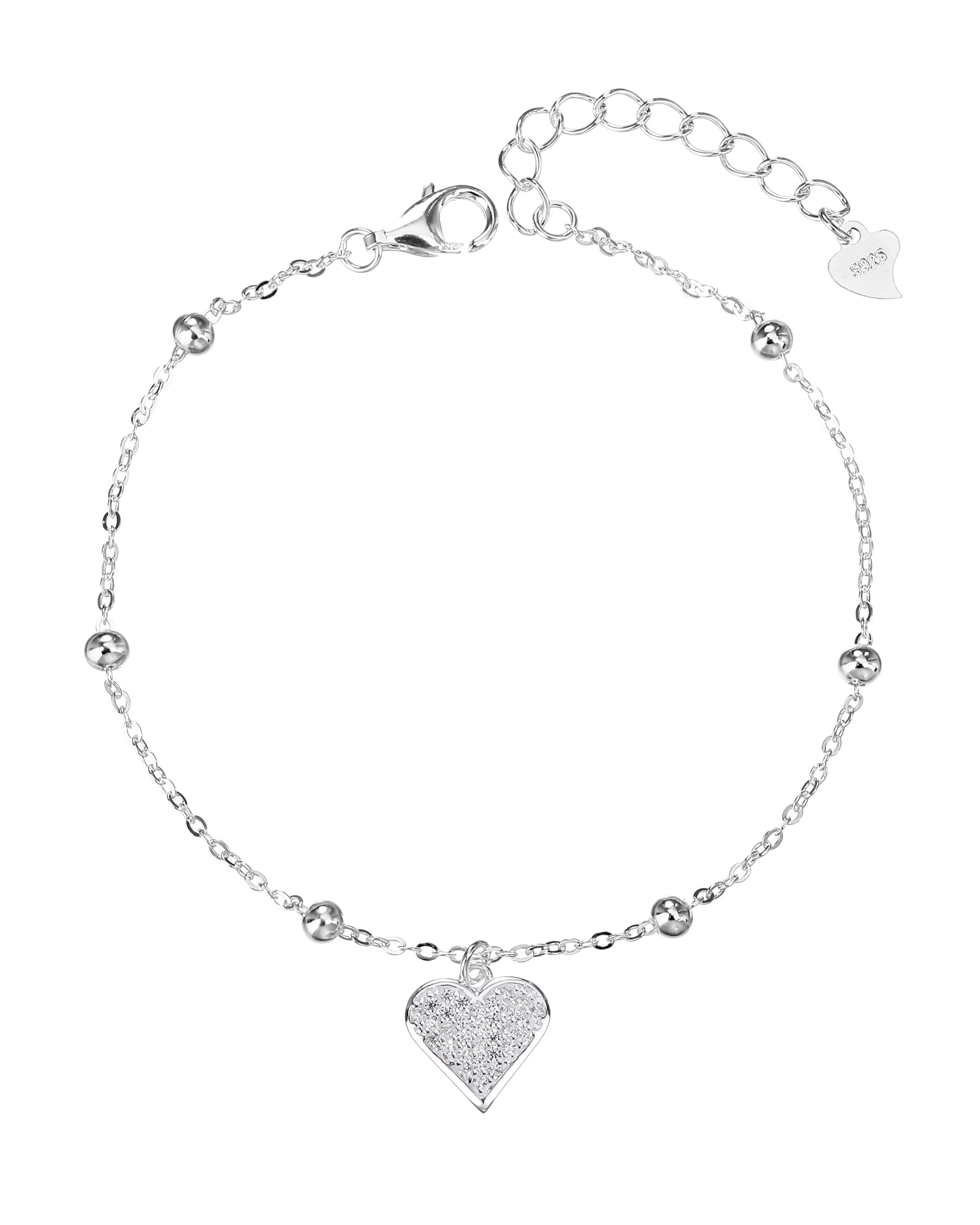 Pulsera sencilla de corazon y balines con circonia blanca 17+3cm en plateado