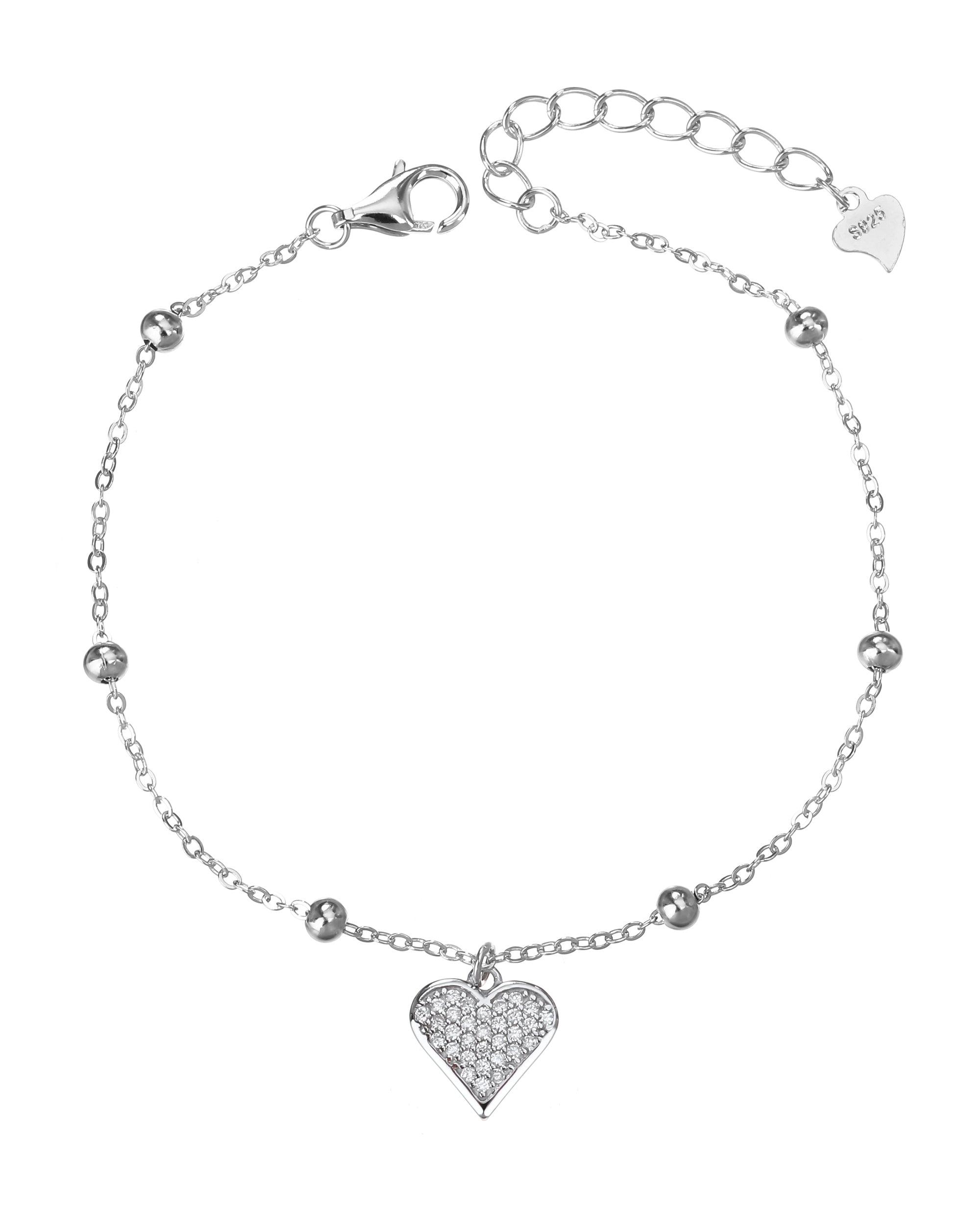 Pulsera sencilla de corazon y balines con circonia blanca 17+3cm en rodizado