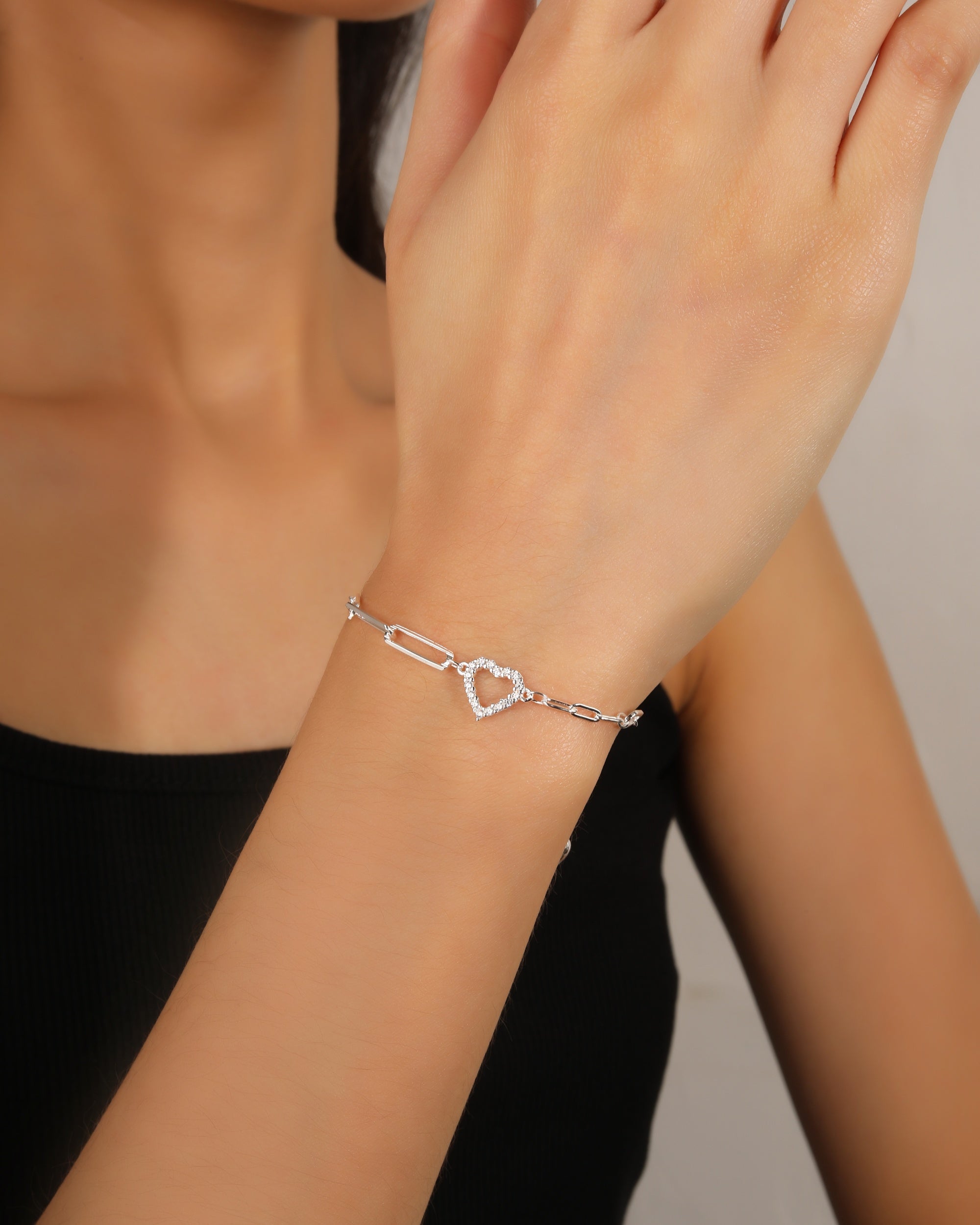 Pulsera cadena mixta de corazon con circonia blanca 17+3cm en plateado