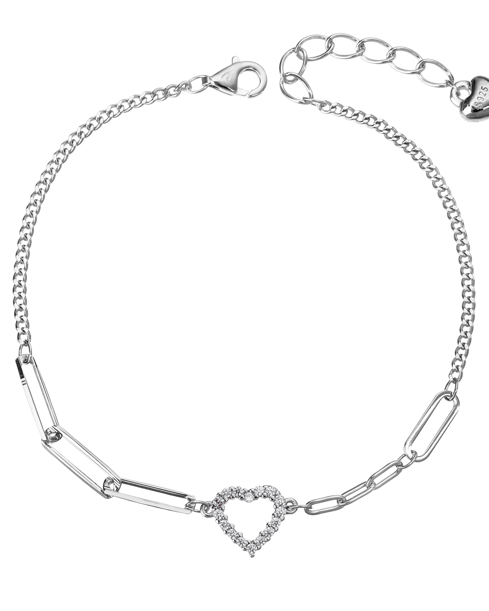 Pulsera cadena mixta de corazon con circonia blanca 17+3cm en rodizado