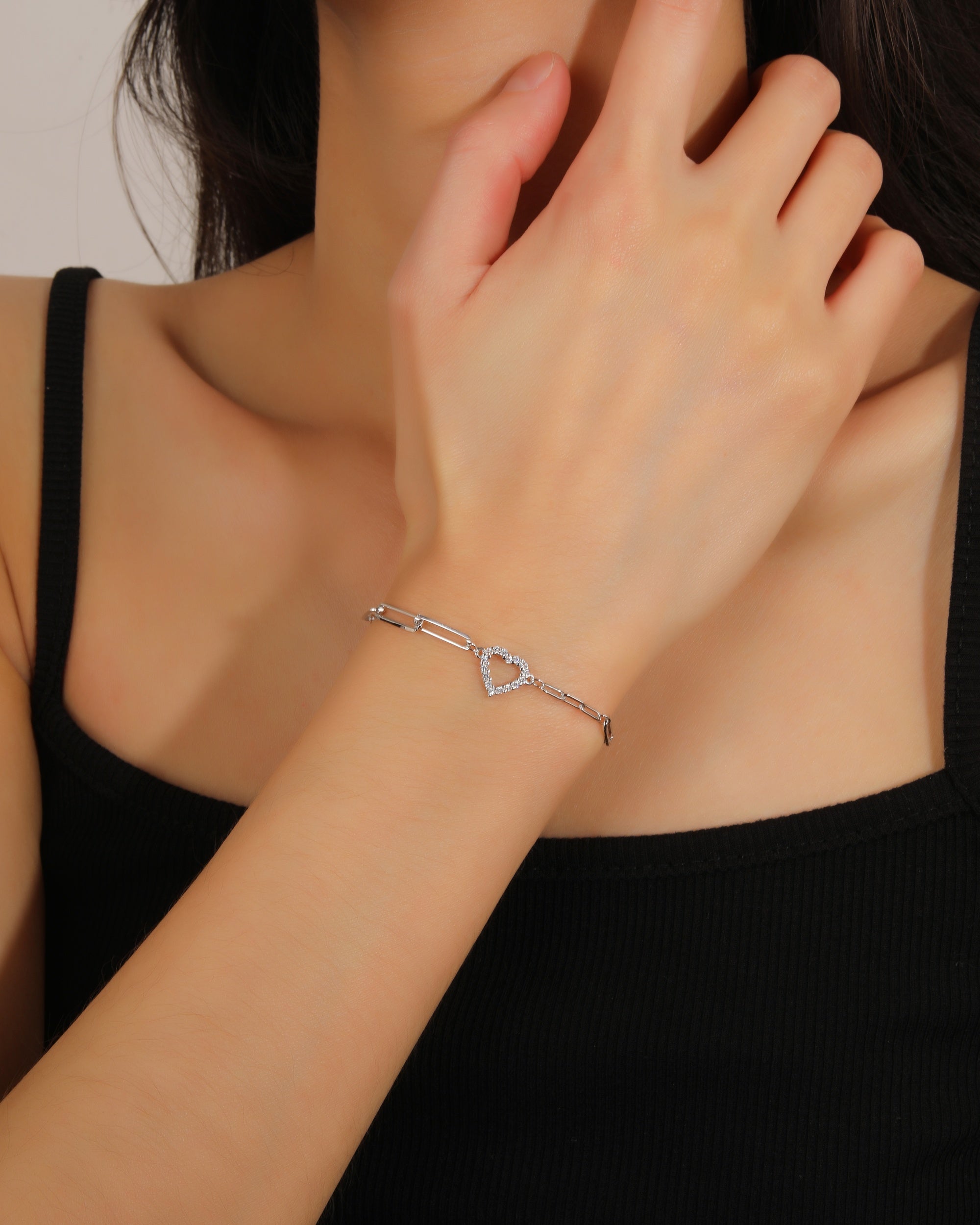 Pulsera cadena mixta de corazon con circonia blanca 17+3cm en rodizado