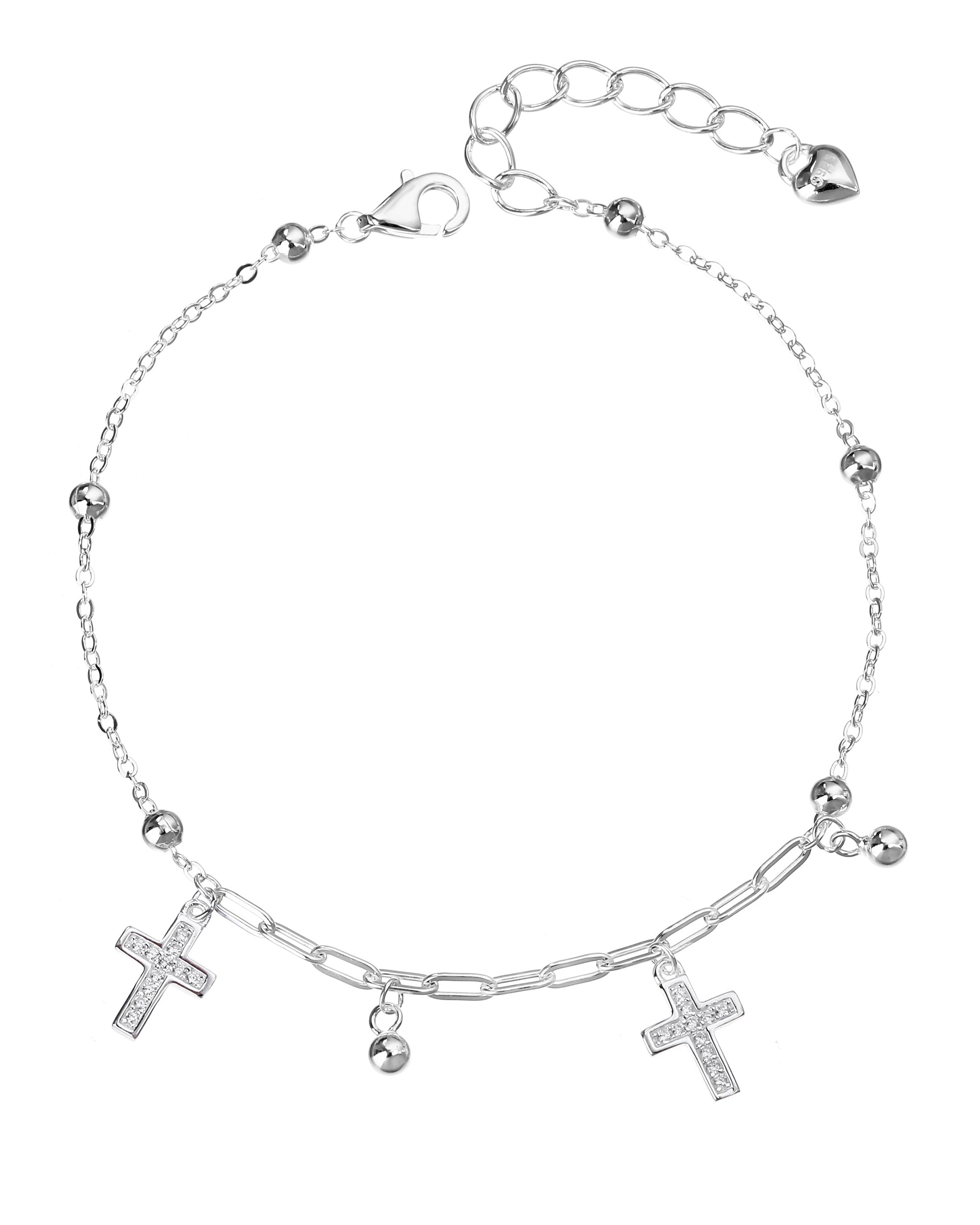 Pulsera de balines y cruces con circonia blanca 17+3cm en plateado