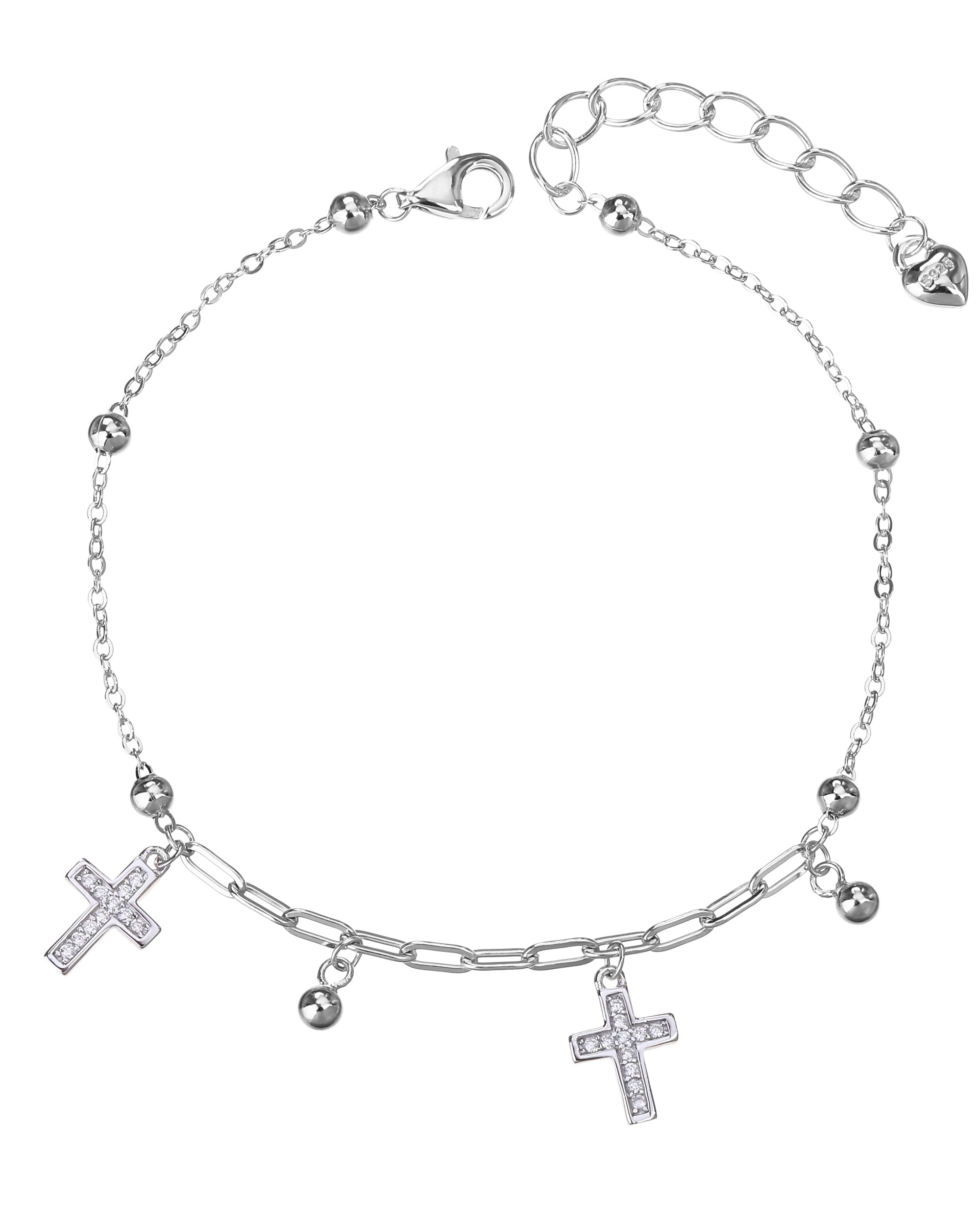 Pulsera de balines y cruces con circonia blanca 17+3cm en rodizado