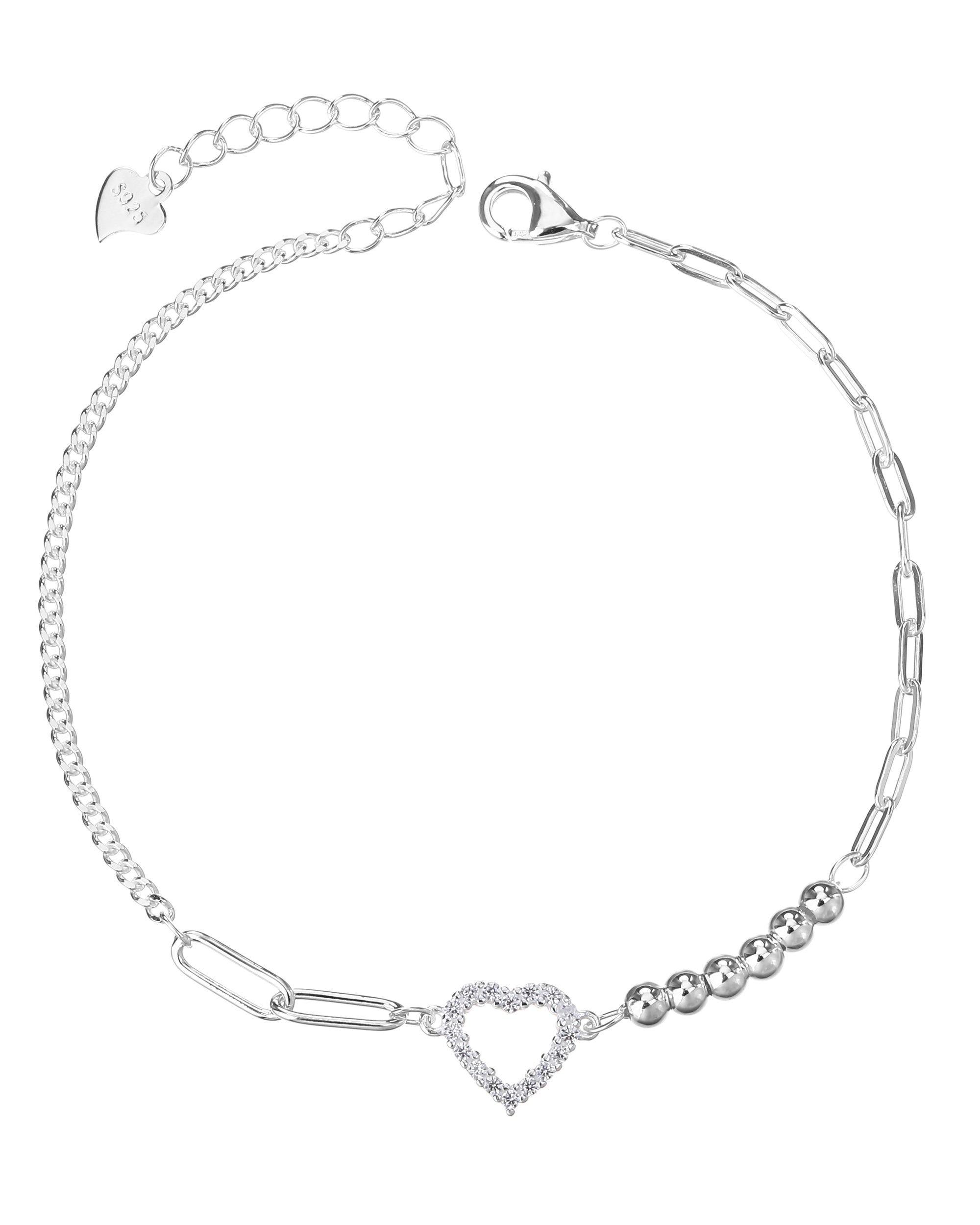 Pulsera mixta eslabon y balin de corazon con circonia blanca 17+3cm en plateado