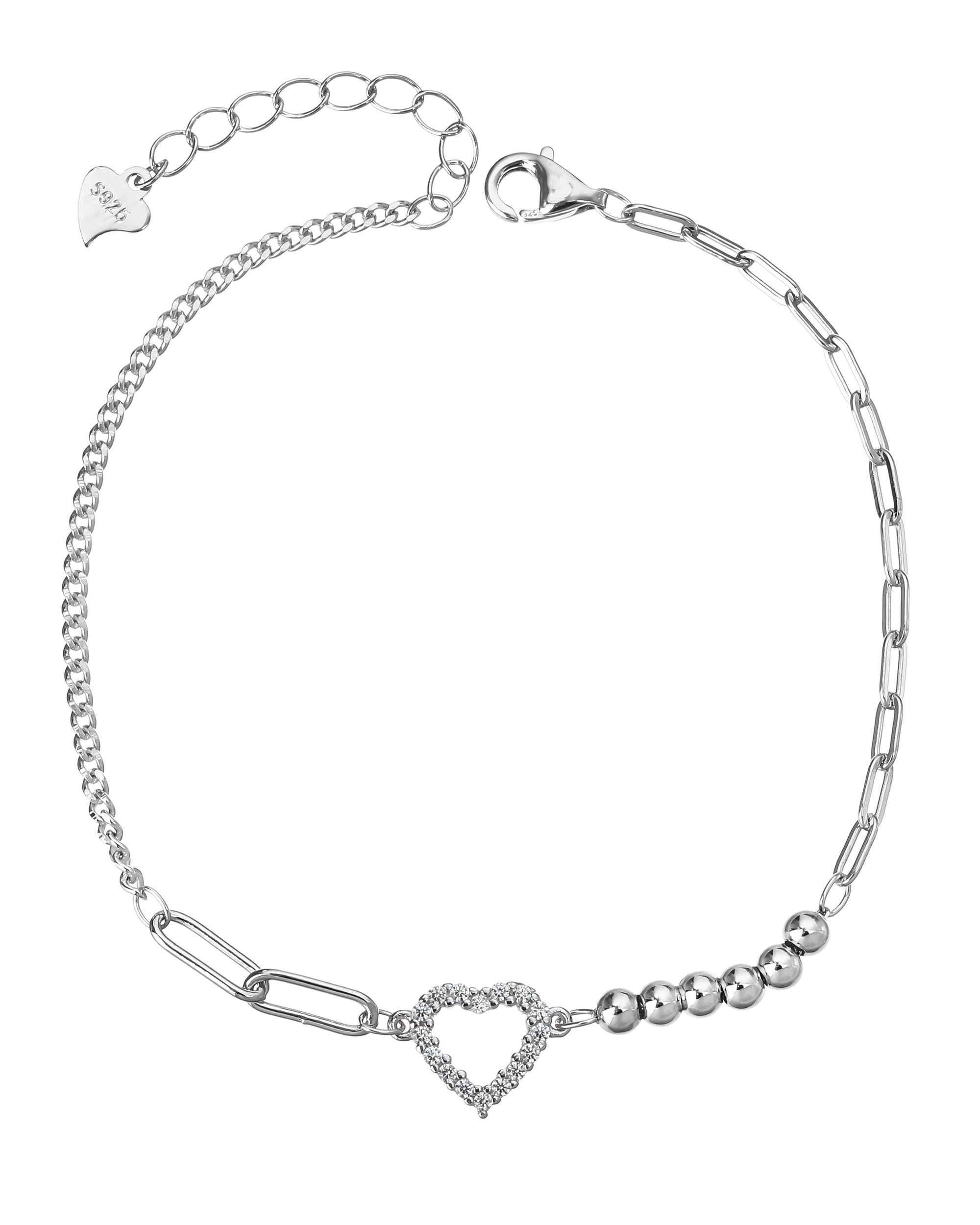 Pulsera mixta eslabon y balin de corazon con circonia blanca 17+3cm en rodizado