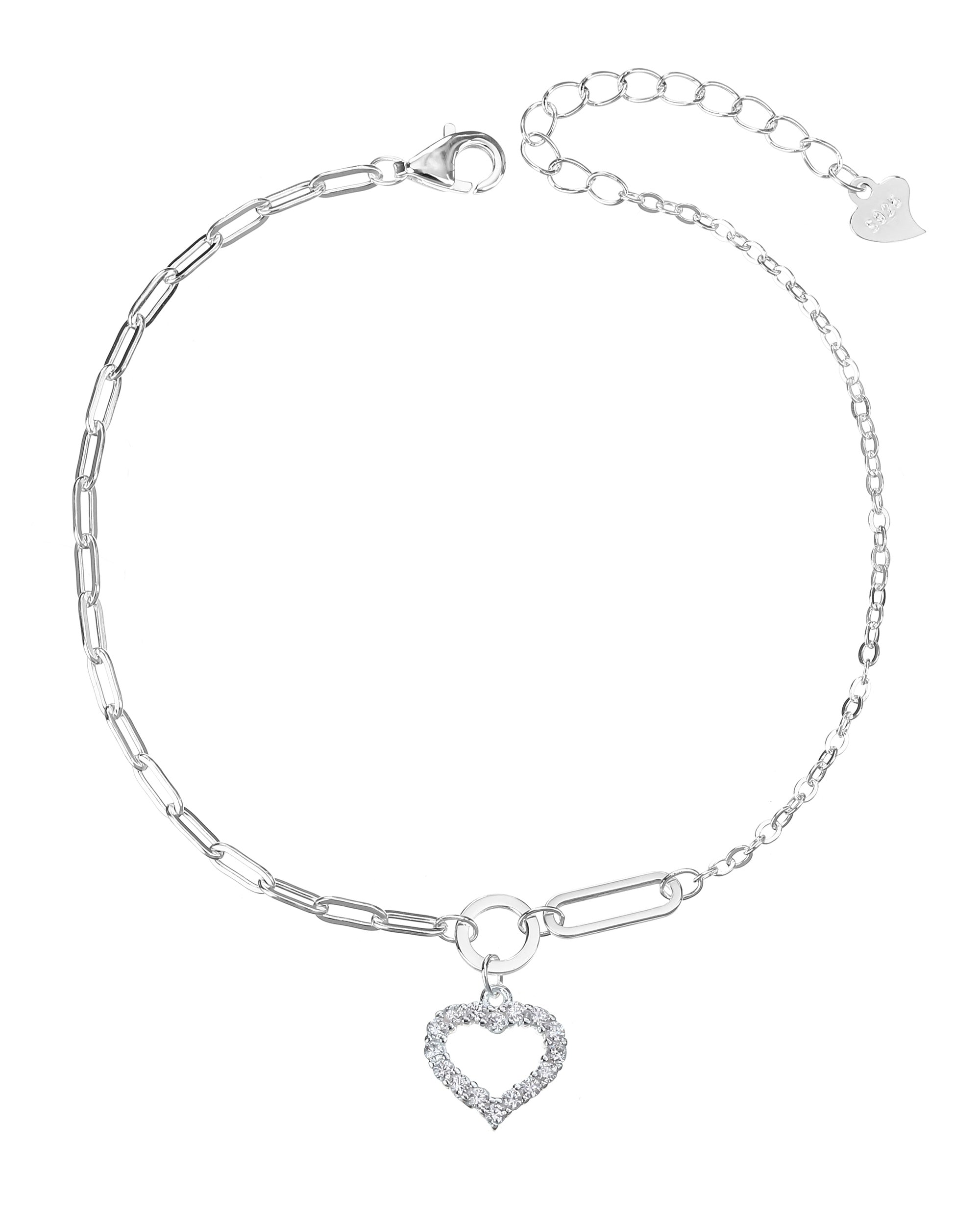 Pulsera cadena mixta de corazon con circonia blanca 17+3cm en plateado