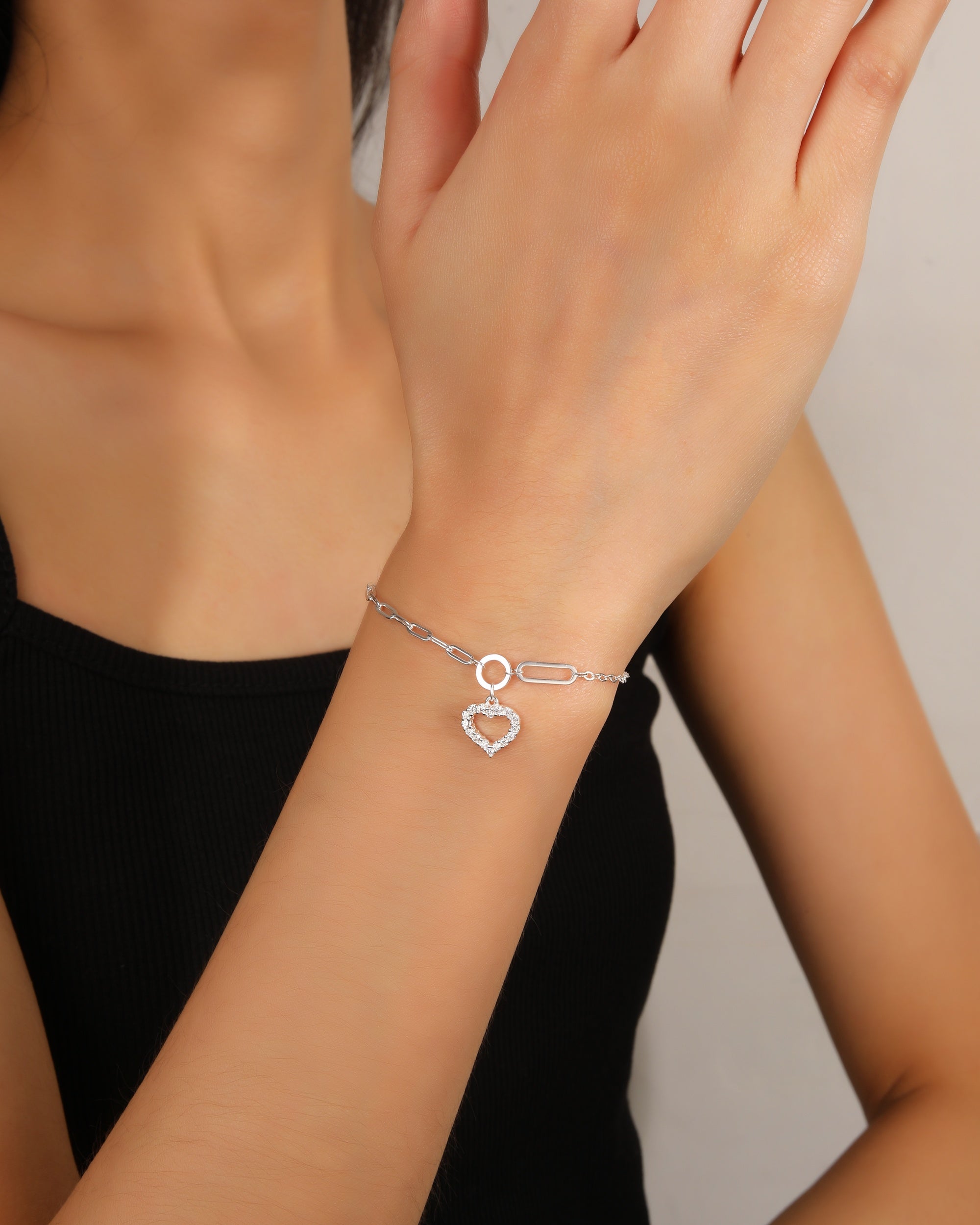 Pulsera cadena mixta de corazon con circonia blanca 17+3cm en plateado