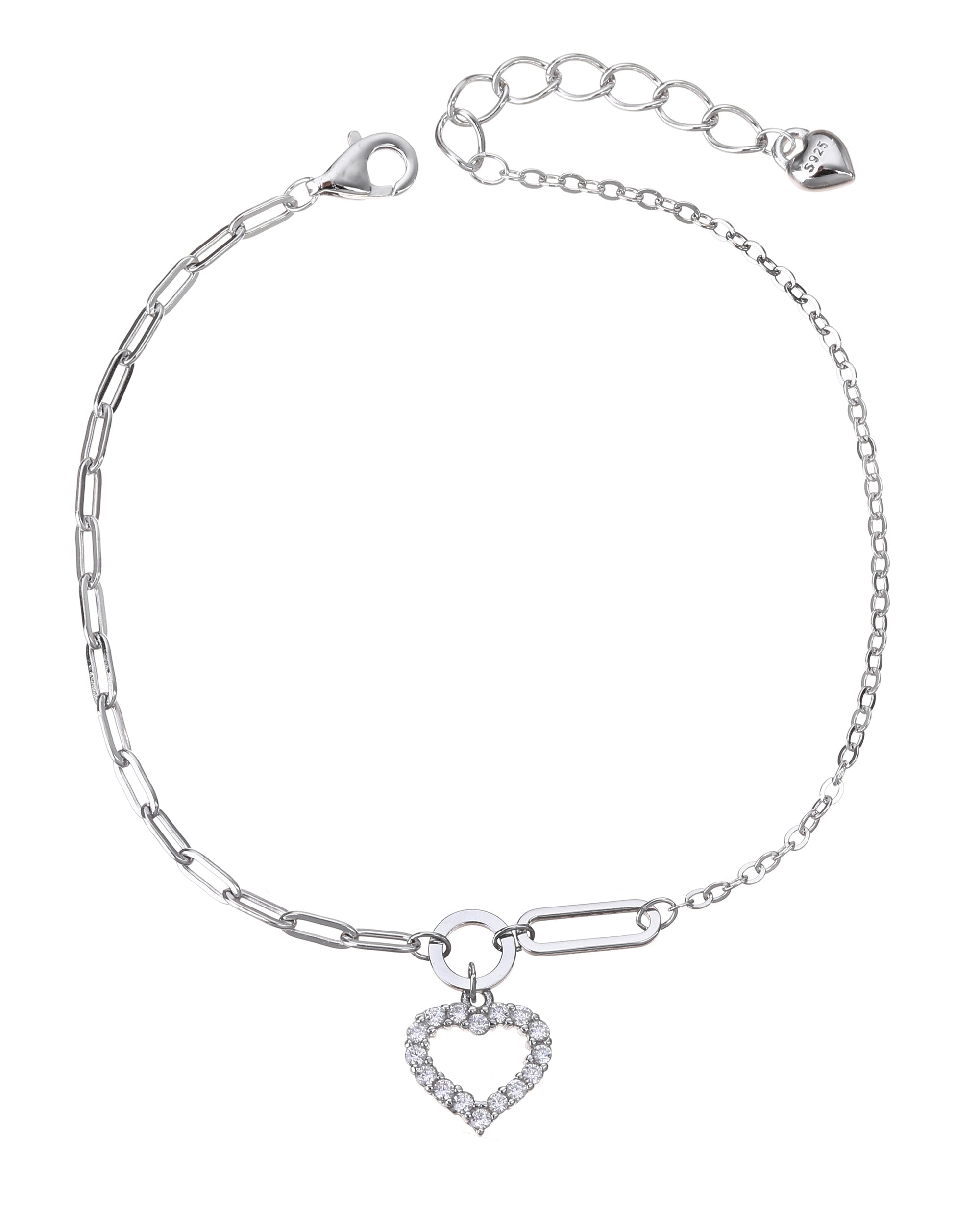 Pulsera cadena mixta de corazon con circonia blanca 17+3cm en rodizado