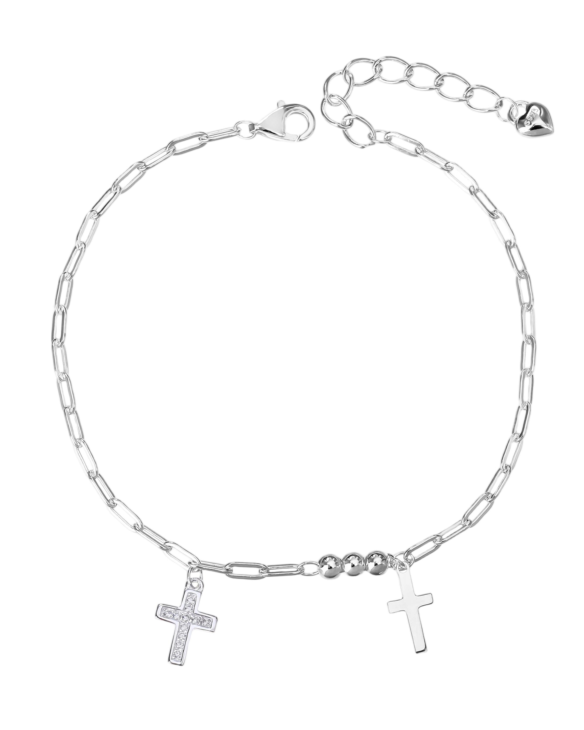 Pulsera de balines y 2 cruces con circonia blanca 17+3cm en plateado