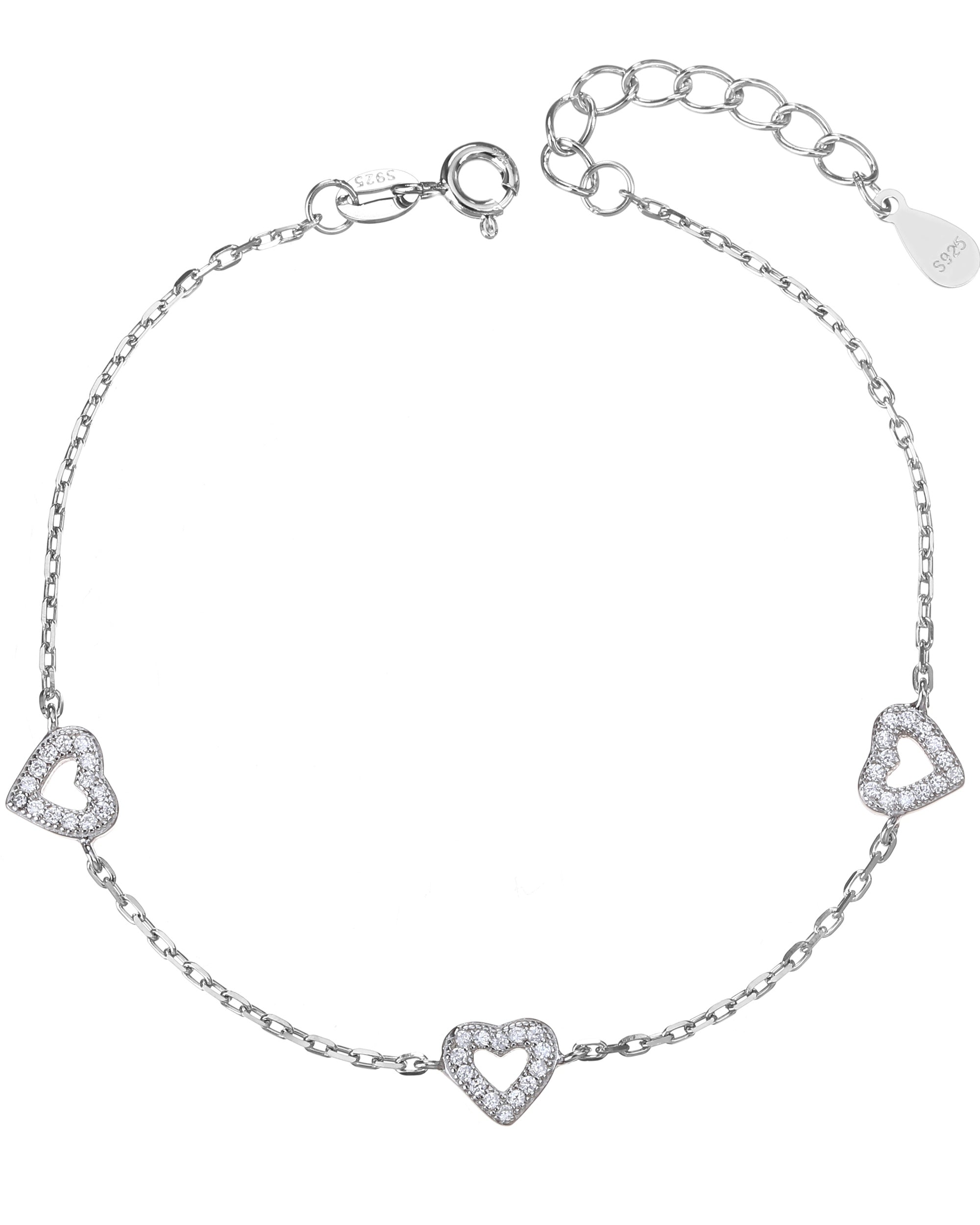 Pulsera sencilla de corazones con circonia blanca 17+3cm en rodizado