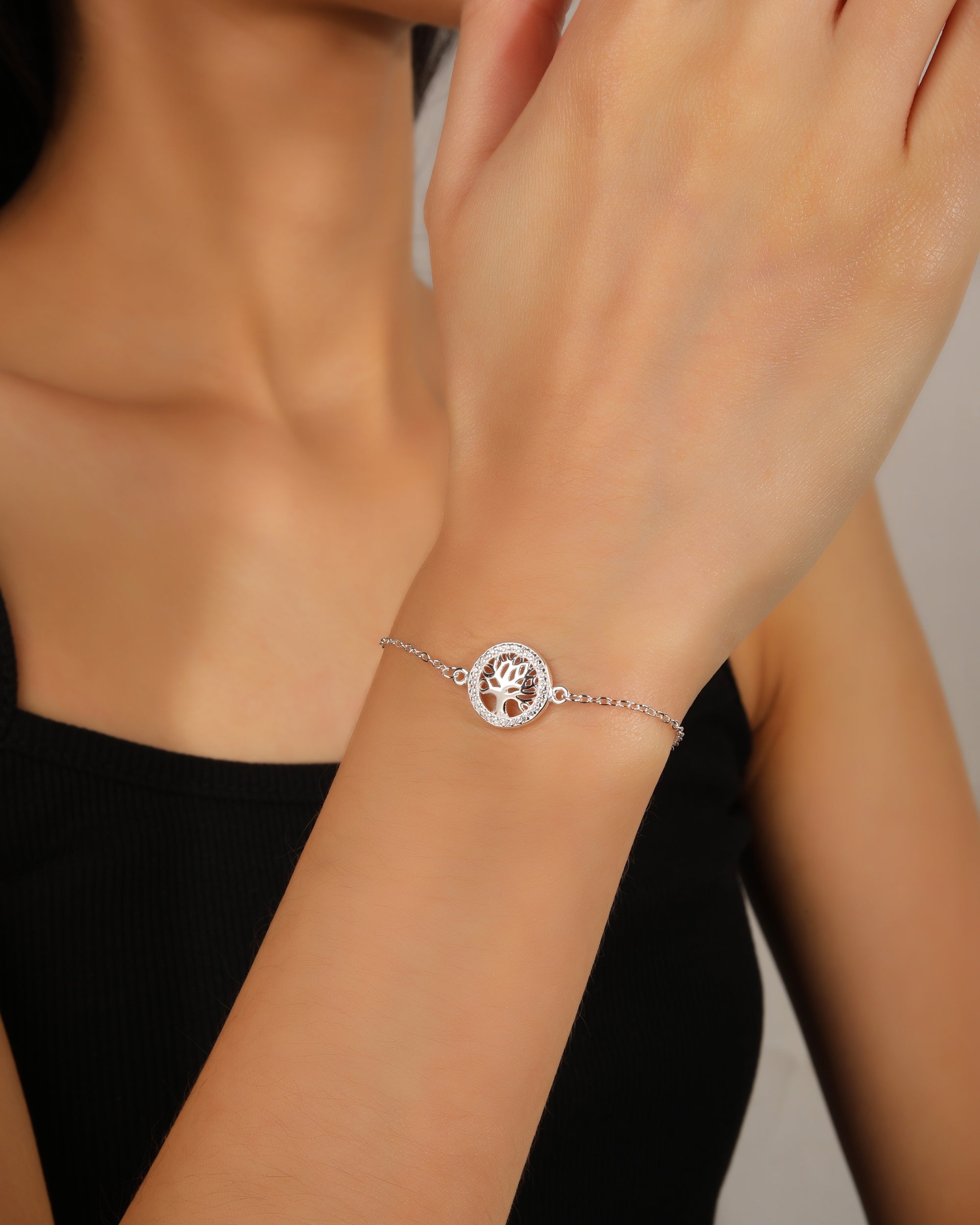 Pulsera sencilla de arbol de la vida con circonia blanca 17+3cm en plateado