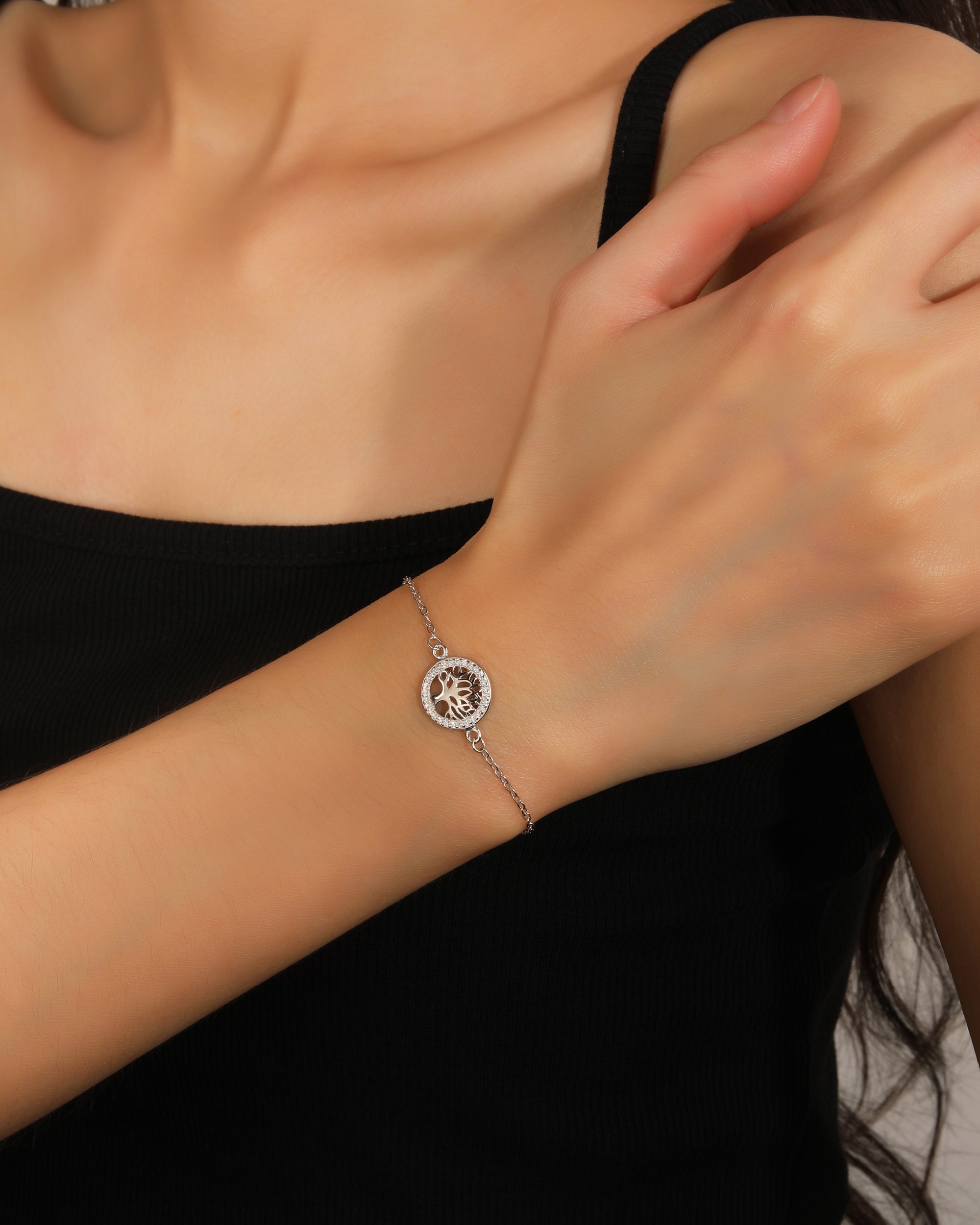 Pulsera sencilla de arbol de la vida con circonia blanca 17+3cm en rodizado